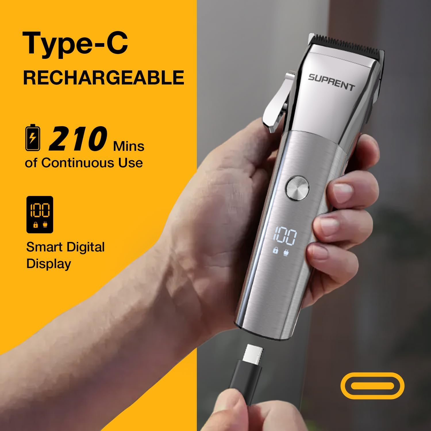 SUPRENT Hair Clippers for Men Waterproof - Professional Hair Clippers Set with T-Bladed Beard Trimmer Type-C Rechargeable, Cordless Clippers and Trimmers Set for Barbers