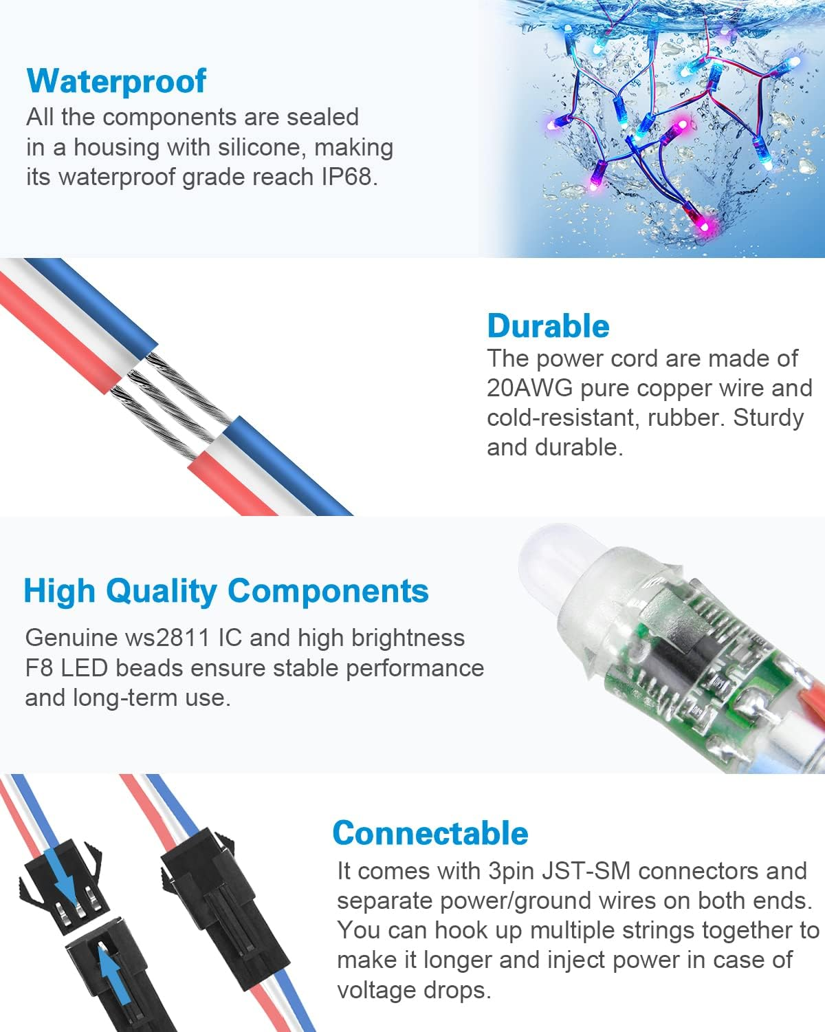 ALITOVE 500Pcs WS2811 12Mm Diffused Digital Dream Color RGB LED Pixel String Light Individually Addressable LED Pixels Module for LED Screen Wall Outdoor Advertising Board Signs IP68 Waterproof DC 5V image number 4