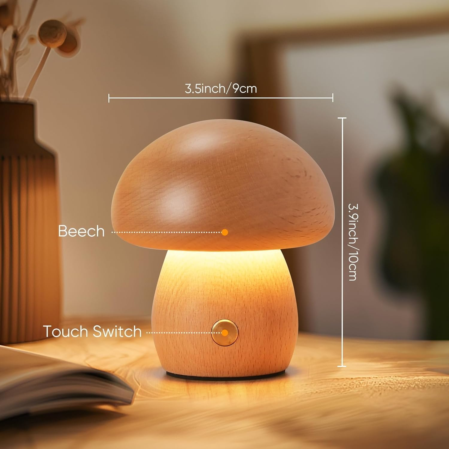 Wooden Mushroom Lamp &ndash; Portable Cordless Rechargeable Beech Wood Table Lamp with Stepless Touch Dimming & Memory, Compact Night Light Birthday Gift