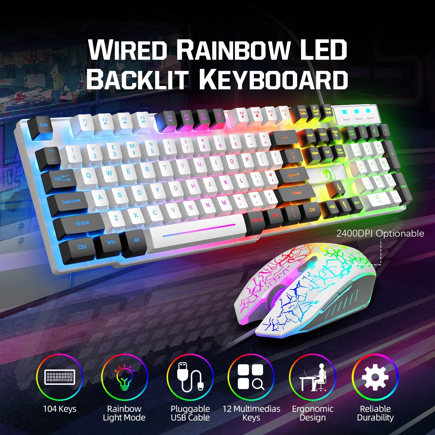 Wired Gaming Keyboard and Mouse and Mouse Pad and Gaming Headset,Rainbow LED Backlit Keyboard,Over Ear Headphone with Mic,Gaming Mice,Mouse Pad,For PC Gamers and Xbox and Ps4(White/Black) image number 5