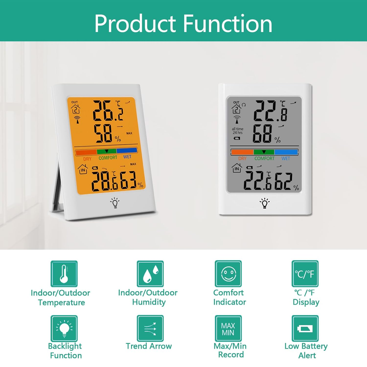 Indoor Outdoor Digital Thermometer Hygrometer Wireless, Smart Temperature and Humidity Monitor with 100M Range Remote Sensor, Automatic Backlight for Home, Warehouse, School (White)