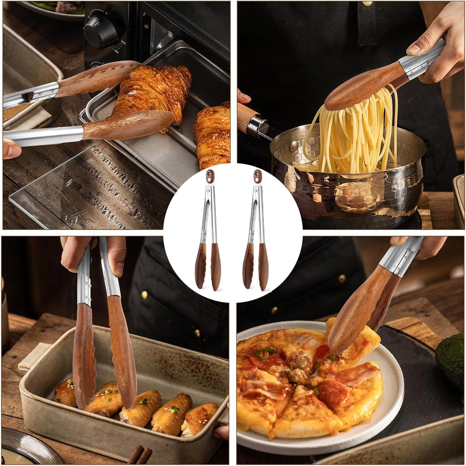 BEANPRECOY 2 Pack 15 Inch Walnut Wooden Kitchen Tongs for Cooking, BBQ & Salad Natural Wooden Tips for Toaster, Bread, Pickles Durable & Heat-Resistant Utensils image number 6