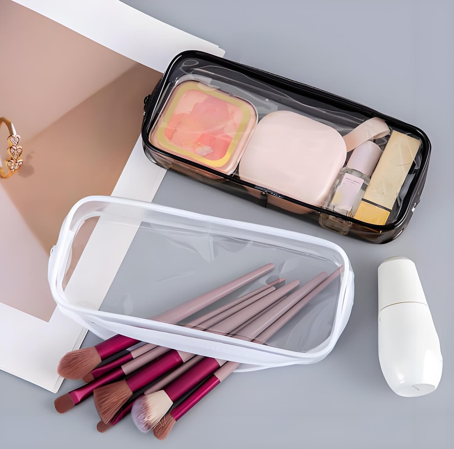 Clear PVC Zipper Pouch Set - Travel Toiletry and Cosmetic Organizer for Women, Transparent Makeup Pencil Bag with Large Capacity 2-Piece. image number 1