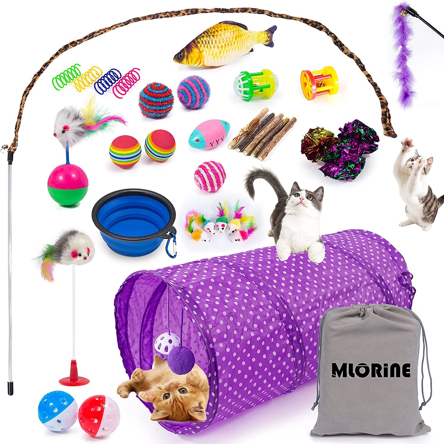 Cat Toys Kitten Toys 34Pcs Assorted Cat Tunnel Catnip Fish Feather Teaser Wand Fish Fluffy Mouse Mice Balls and Bells Toys Storage Bag Set Kit Interactive Cat Toys Cat Feather Toy Mlorine (34PCS) image number 2