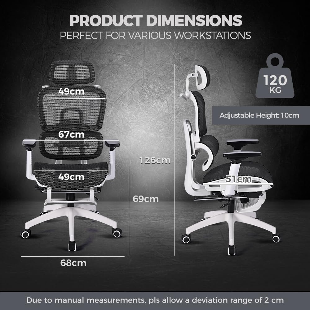 Furb Ergonomic Office Chair with Breathable Mesh, Adjustable Headrest and Lumbar Support High Back Computer Desk Office Chair for Home Office, Gaming, and Study White and Black image number 1