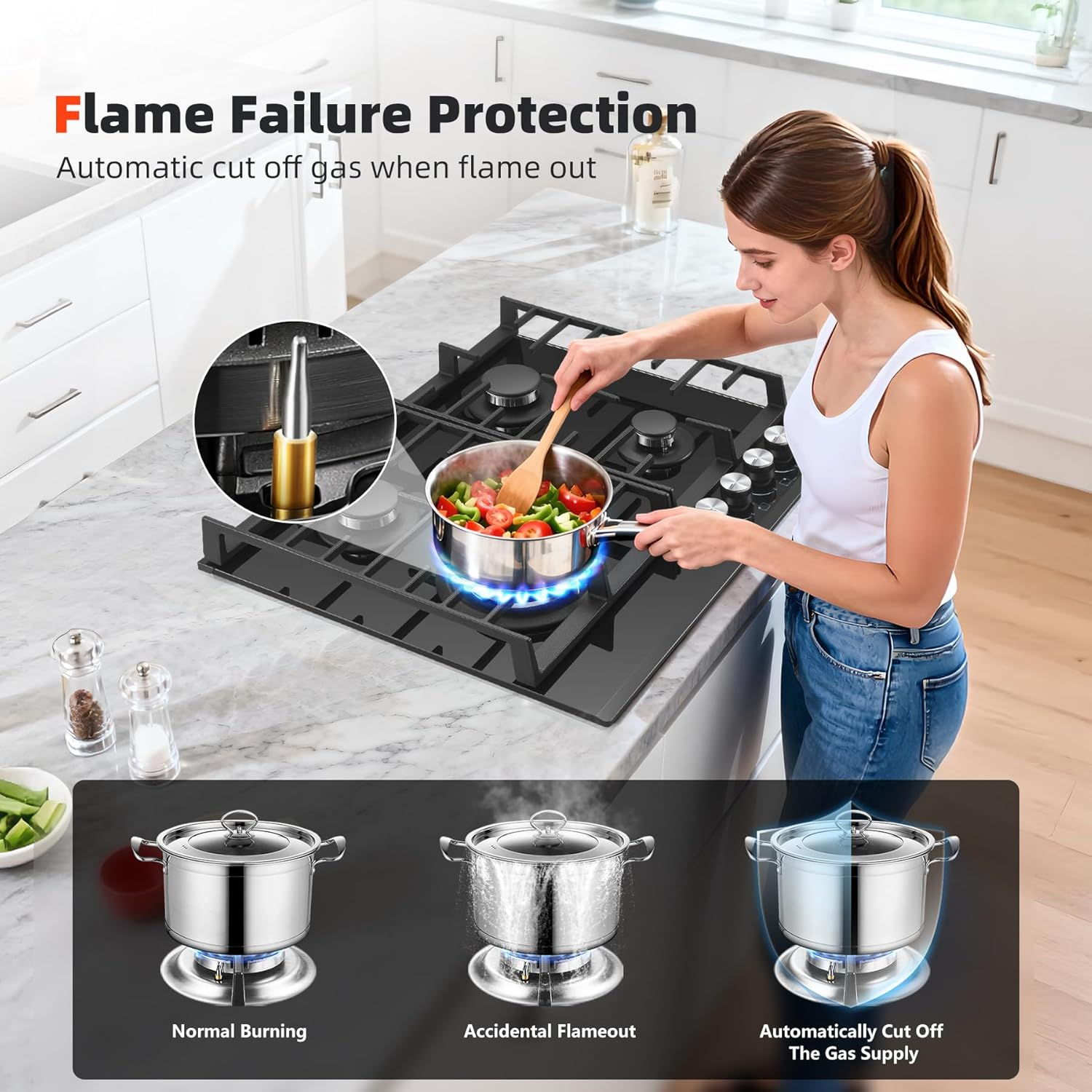 Amzgachfktch 60Cm Built-In Gas Cooktop, 4 Burner Black Tempered Glass Stove with Flame Failure Safety & Dual Fuel (NG/LPG) - for Modern Kitchen, Apartment, Caravan image number 1