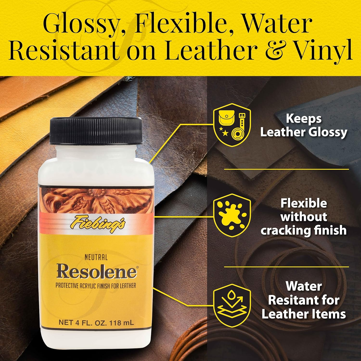 Fiebing'S Acrylic Resolene (4 Oz) - Protective Acrylic Leather Finisher - Glossy Finish Top Coat for Dyed & Polished Leathercraft - Flexible, Durable, Water Resistant for Boots, Couch, Purse, Neutral, image number 3