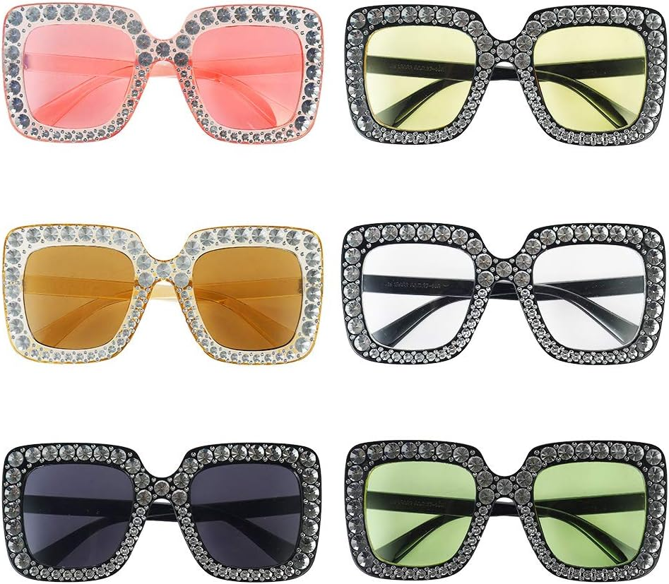 6 Pack Oversized Square Sparkling Sunglasses Retro Thick Frame Rhinestone Sunglasses Bling for Women Girls (Yellow, Pink, Light Yellow, Grey, Tawny), Light Gray, Clear Pink, One Size image number 1