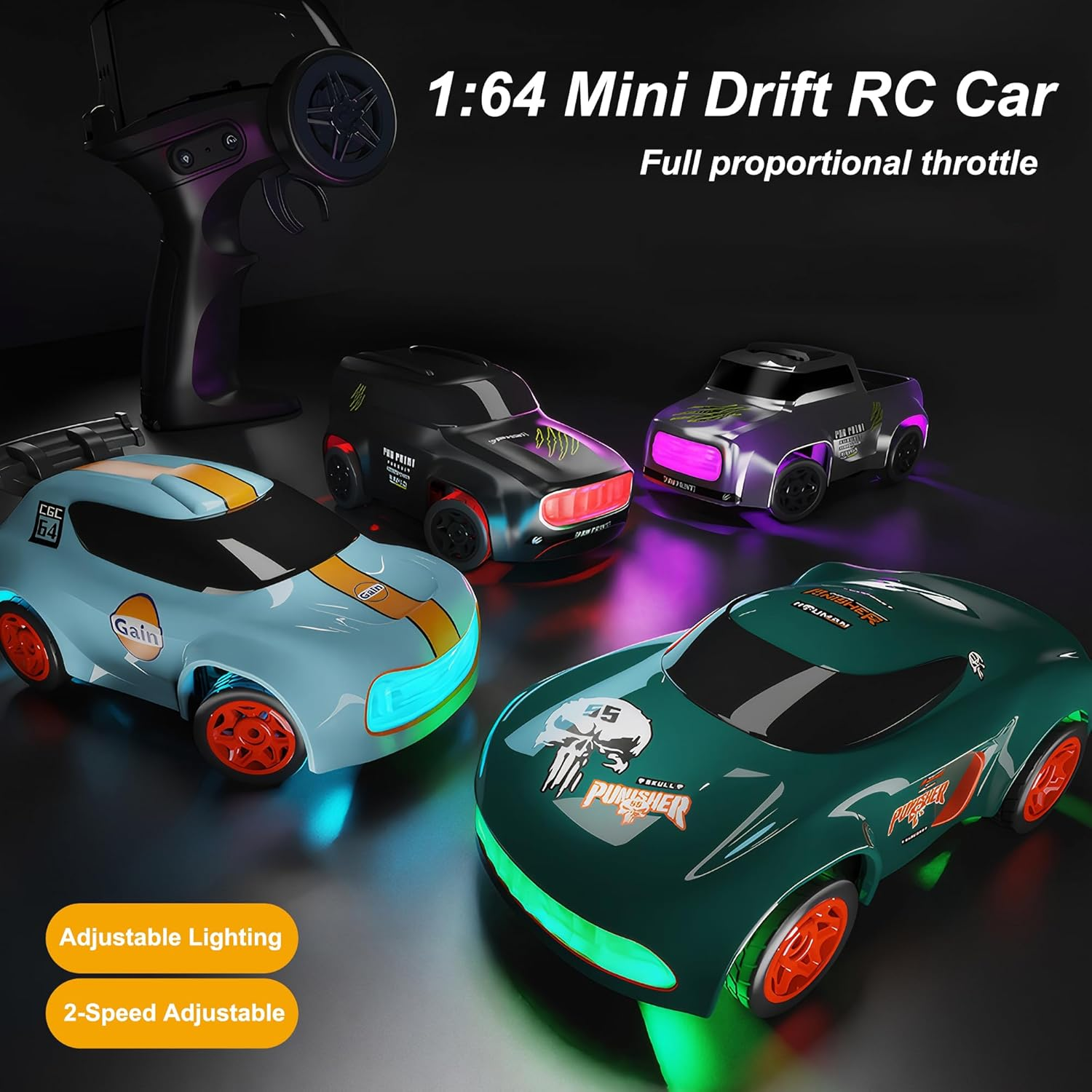 Mini RC Drift Car with Cool Lights, 1:64 Rechargeable 2.4Ghz Remote Control Car for Kids Adults (Grey) image number 2
