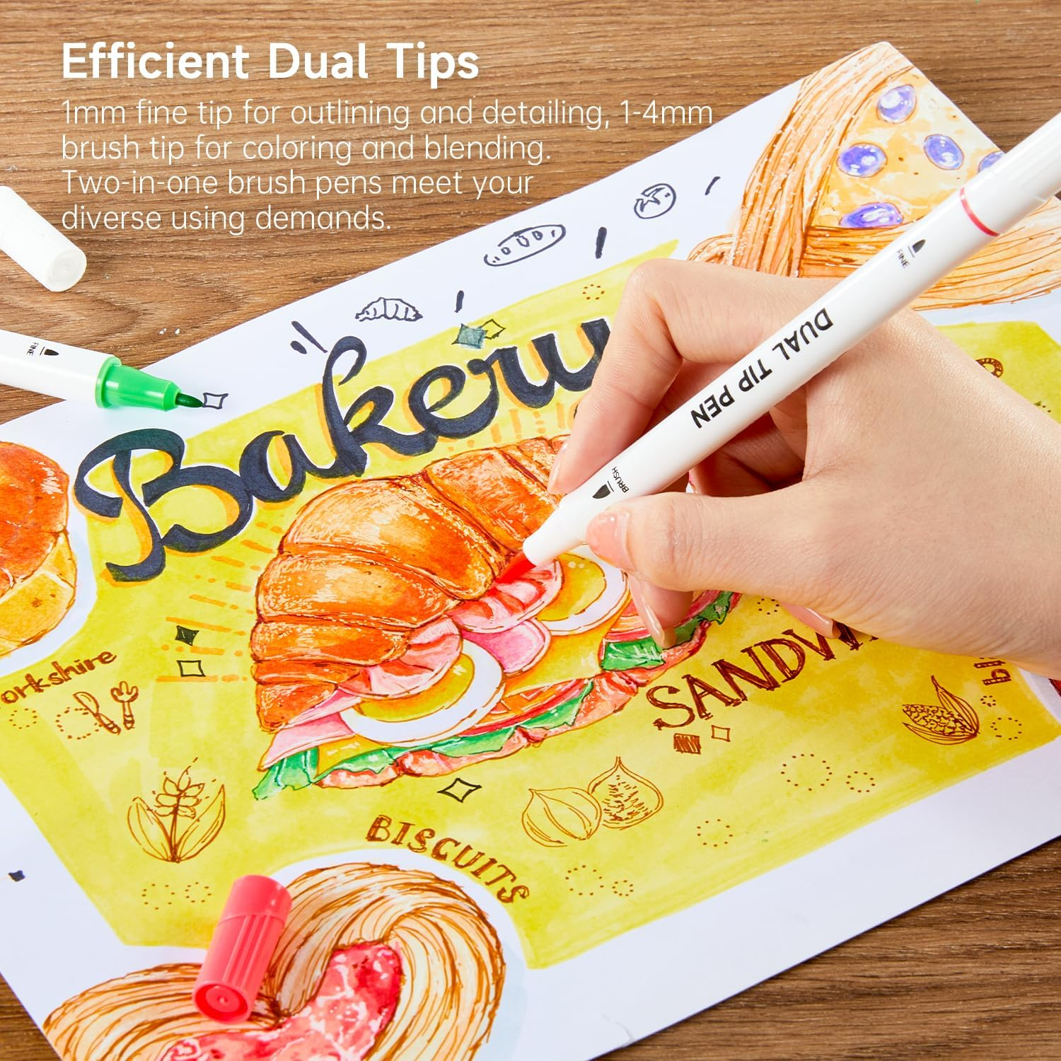 Shuttle Art Dual Tip Brush Pens, 70 Colours Fine and Brush Tip Markers Set with Portable Case & 1 Colouring Book, Felt Tip Colouring Pens for Adults and Children Colouring Calligraphy Journal Doodling - 96 Colours image number 5