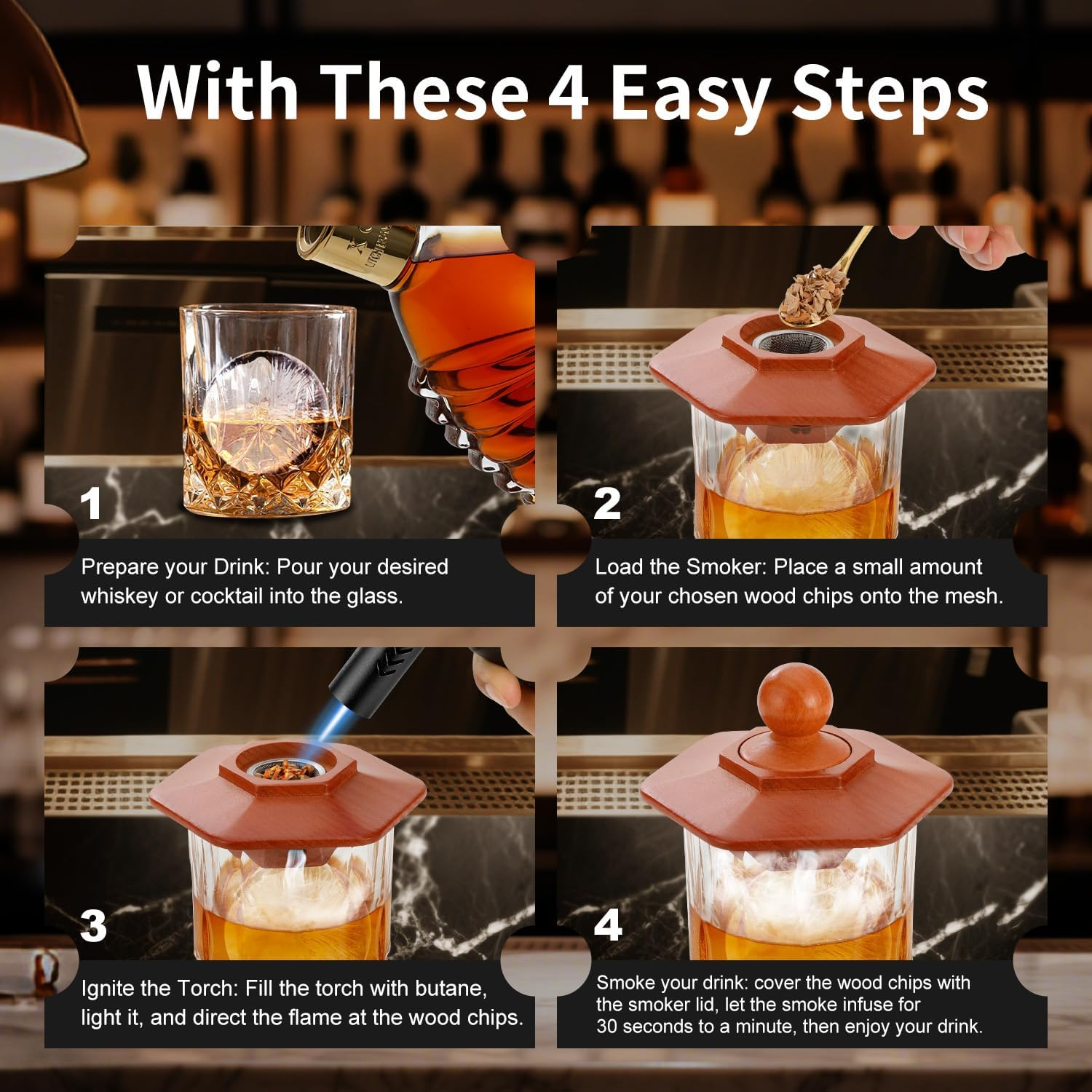 Whiskey Smoker Kit with Torch,Cocktail Kit with 6 Flavors Wood Chips, 2 Glasses, 2 Ice Ball Molds,Smoked Old Fashioned Drink Smoker Kit, Birthday Bourbon Whiskey Gifts for Men
