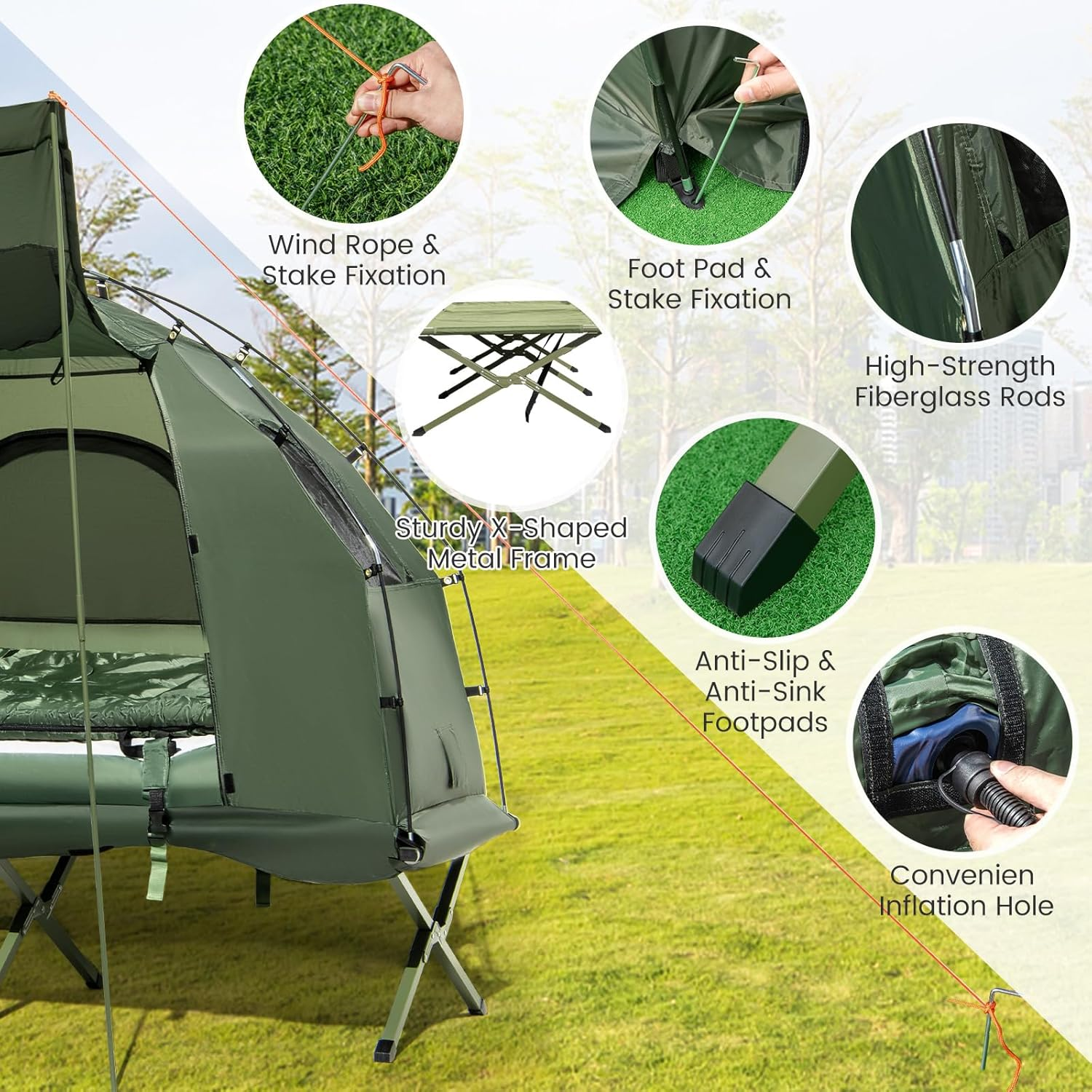 Costway 1-Person Camping Tent Cot, 5 in 1 Foldable Camping Tent with Air Mattress and Sleeping Bag, Elevated Travel Hiking Tent with Carry Bag, Waterproof Portable Sleeping Cot for Hiking, Traveling image number 1