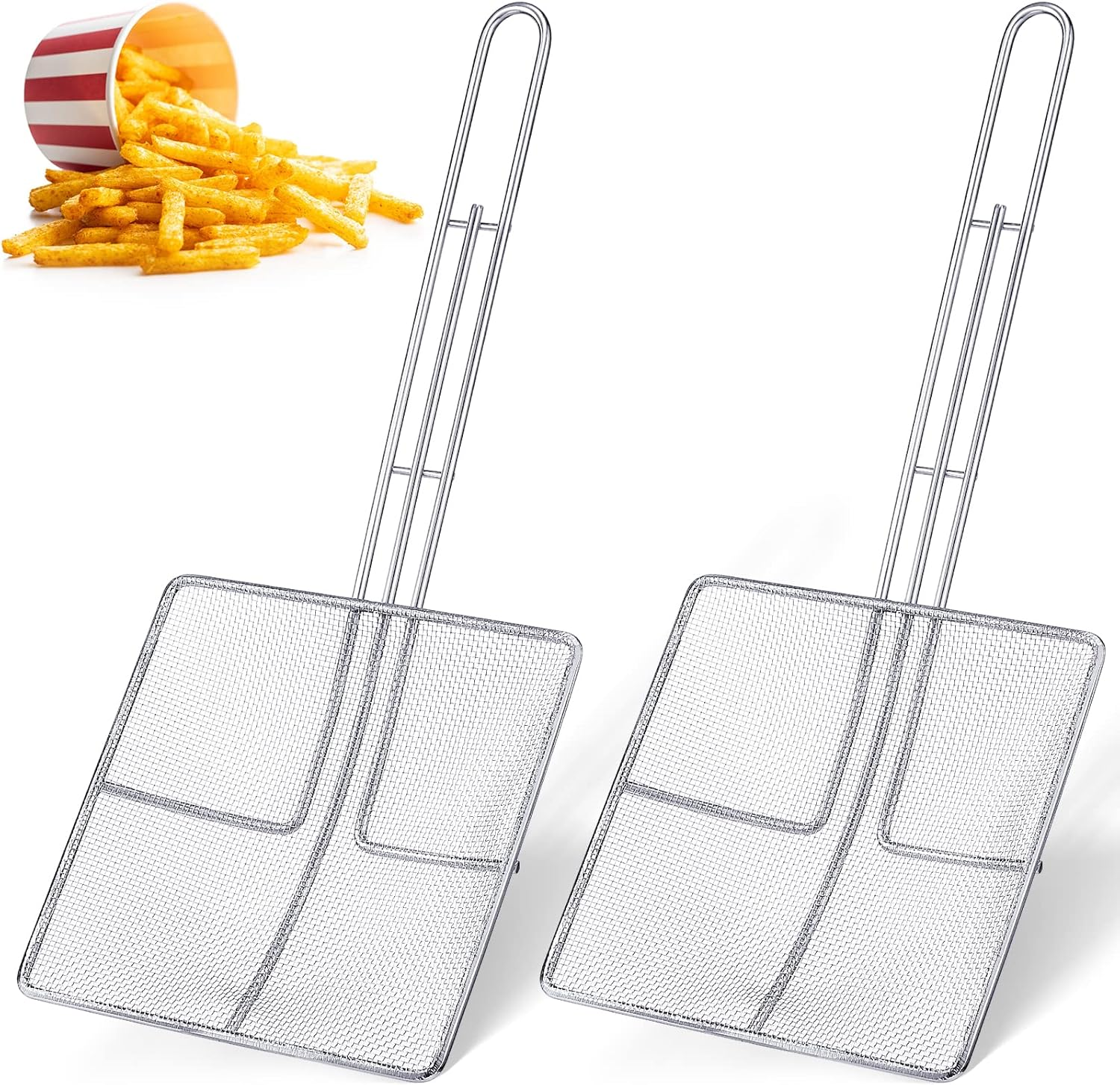 Mumufy 2 Pcs Square Fine Mesh Skimmer Spider Strainer Oil Skimmer for Deep Fryer Frying Scoop Stainless Steel Spider Strainer with Long Handle for Kitchen Swimming Pools Fried Food (6.7 X 6.7 Inch) image number 3