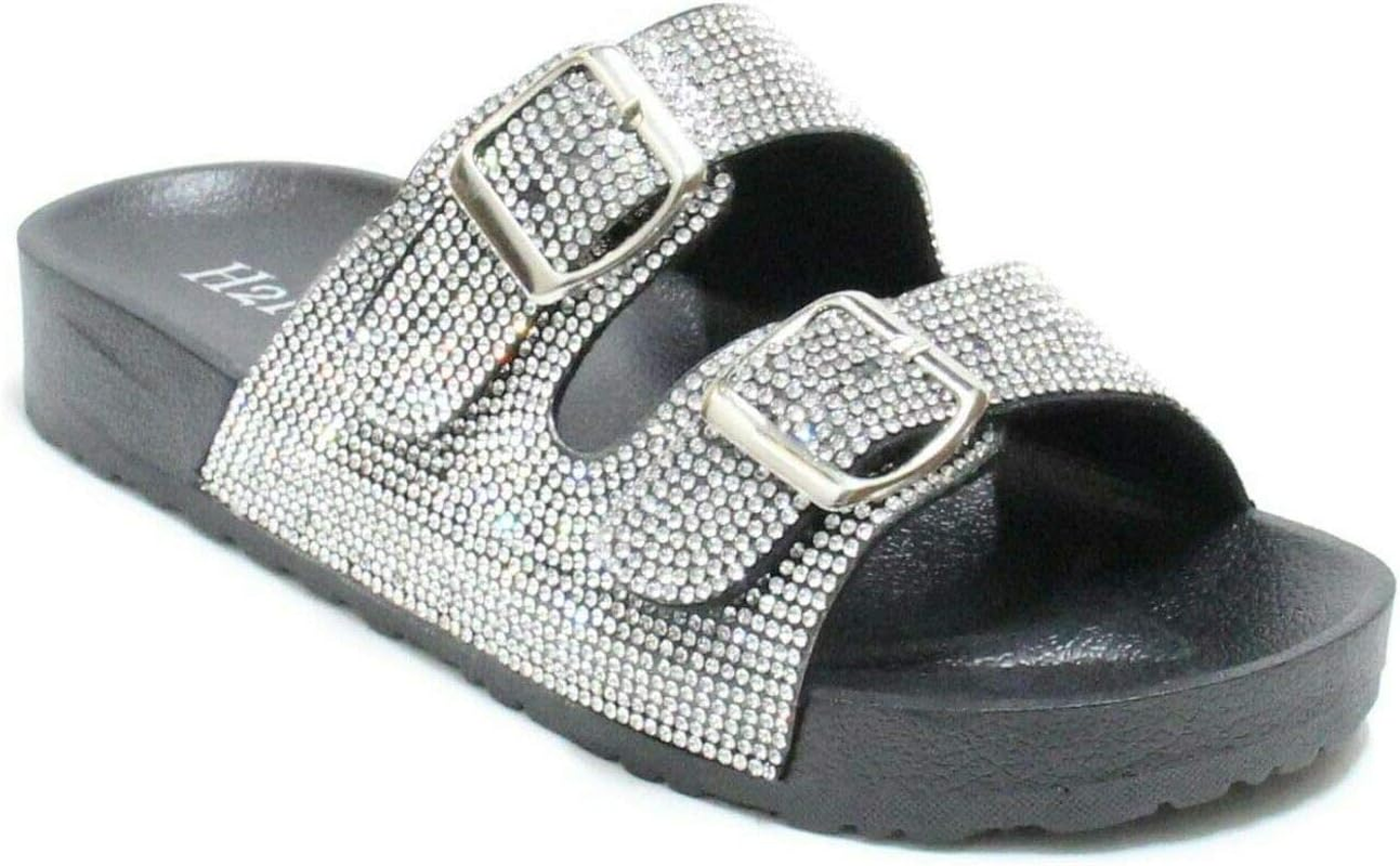 H2K Womens Glitter Double Buckle Adjustable Comfort Slip on Slides Sandals Espen