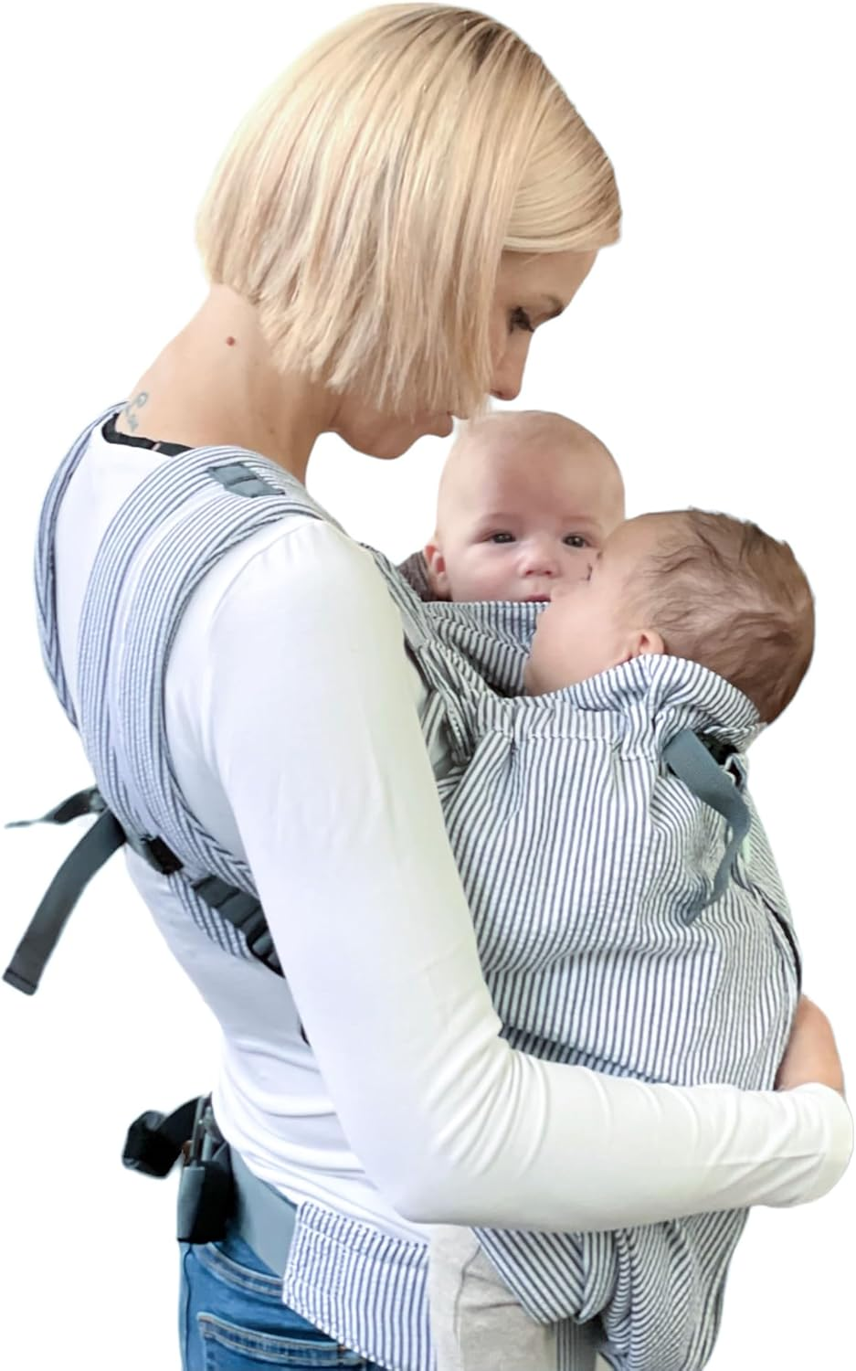 Weego Twin Grey & White Seersucker Baby Carrier for Twins Directly from Birth (From 1,800 G) - Blue Pepita image number 5