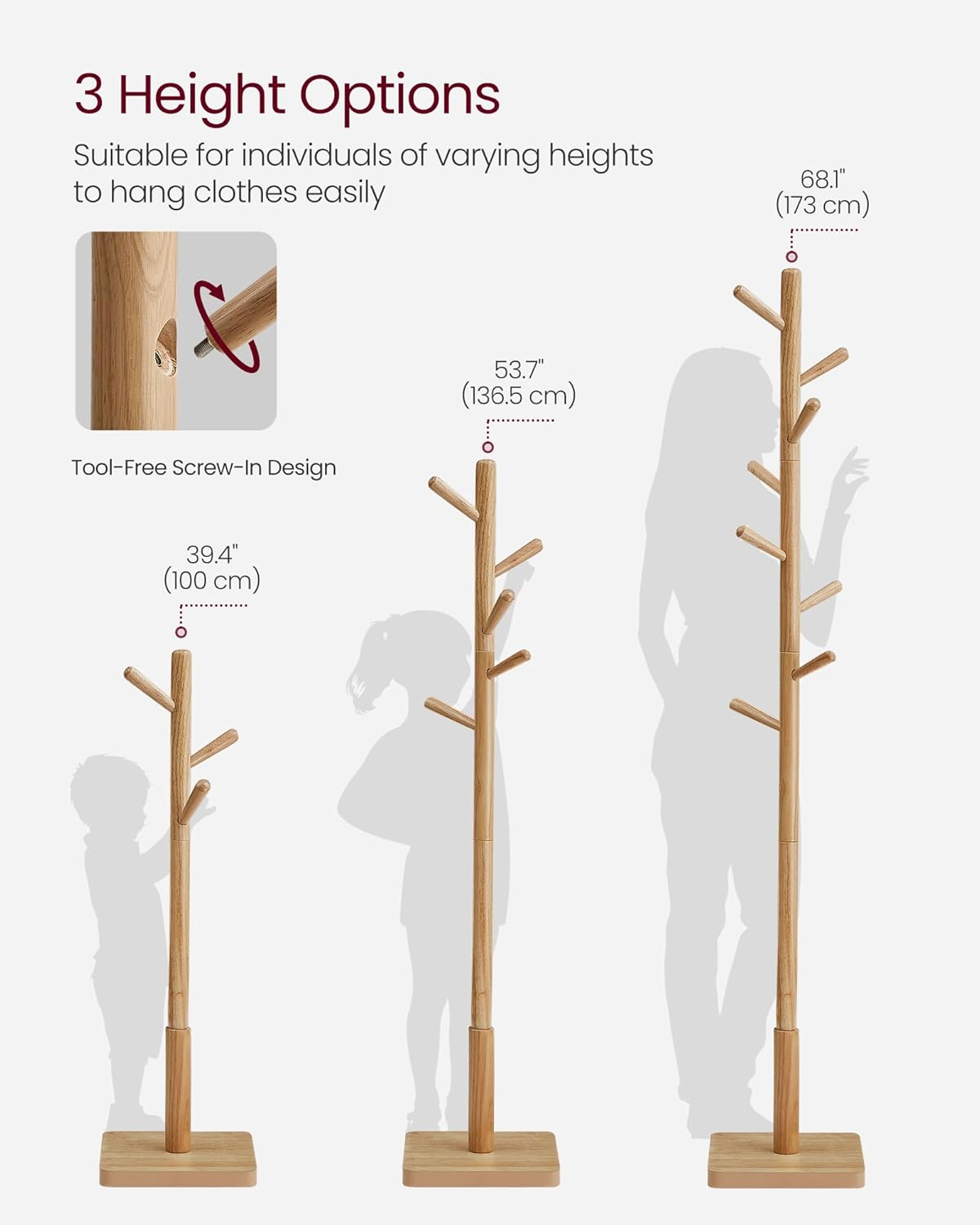 VASAGLE Coat Rack, Solid Wood Coat Stand, Freestanding Hall Tree, 8 Hooks, Natural Beige URCR010N01 - Cloud White image number 3