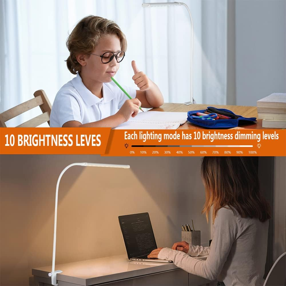 Desk Lamp, LED Desk Lamps with Clamp 3 Color Modes & 10 Brightness Levels Eye-Caring Reading Light Gooseneck LED Book Lights, Easy Clip on Desk Light for Home Office(White) image number 4
