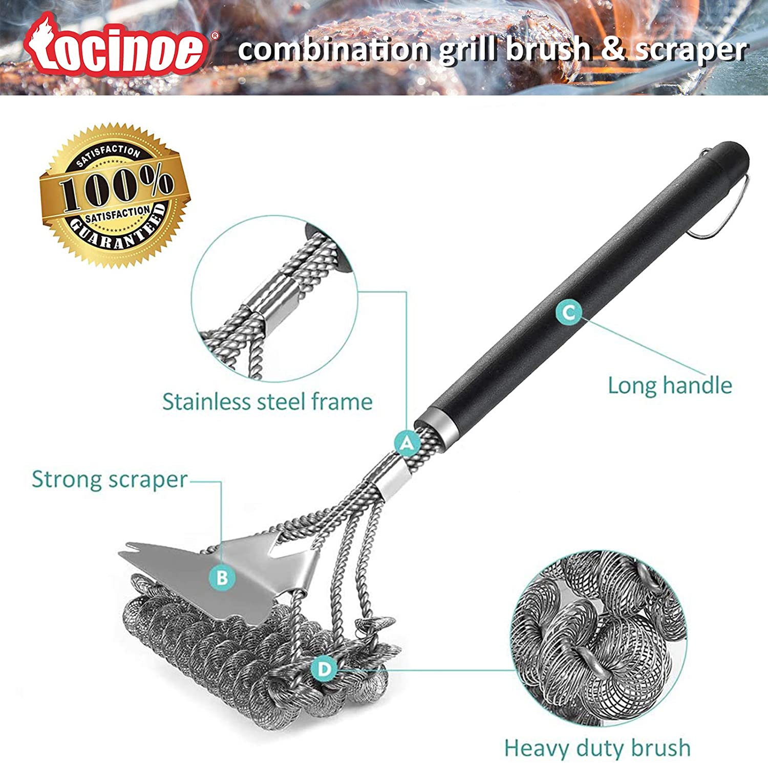 Grill Brush and Scraper for Outdoor BBQ - 18'' Stainless Steel Bristles & Scraper Deep Clean Charcoal Grill Grease - Stronger Heavy Duty Rustproof BBQ Accessories image number 2