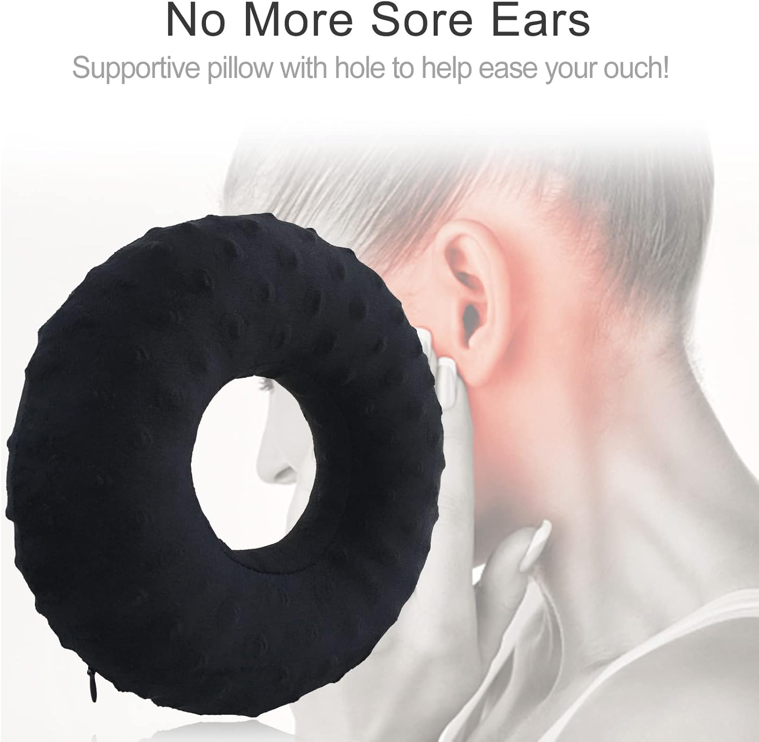 Piercing Pillow Ear Pillows Donut with Hole for Ear Pain CNH, Pain Relief Sleeping, Pressure Sore, Side Sleepers, Headphones Minky Dot Black image number 5