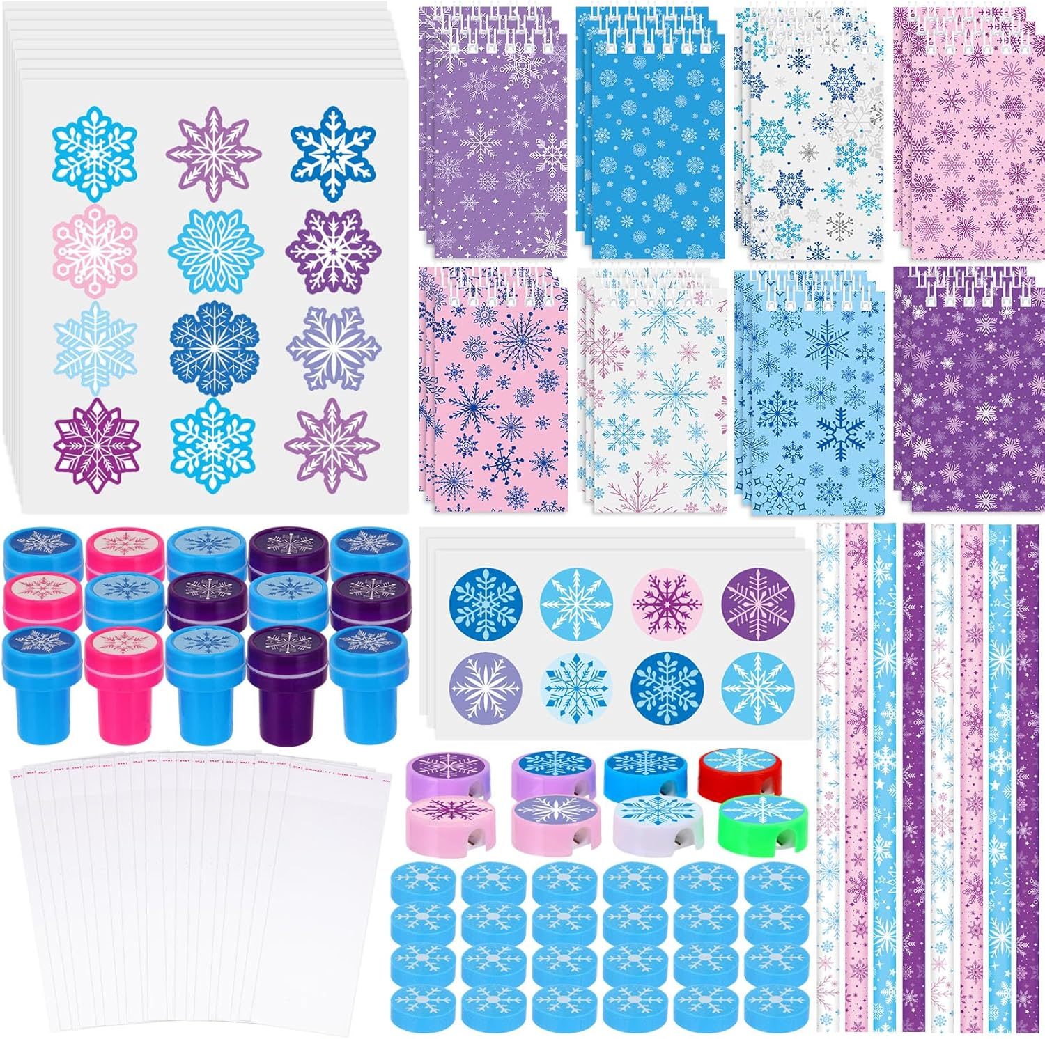 192 Pieces Christmas School Stationery Set Xmas Classrooms Exchange Stationery Gifts Party Favors Class Reward Prizes Notebooks Pencils Sharpener Erasers Stickers Stamps for Party Supplies (Snow) image number 4