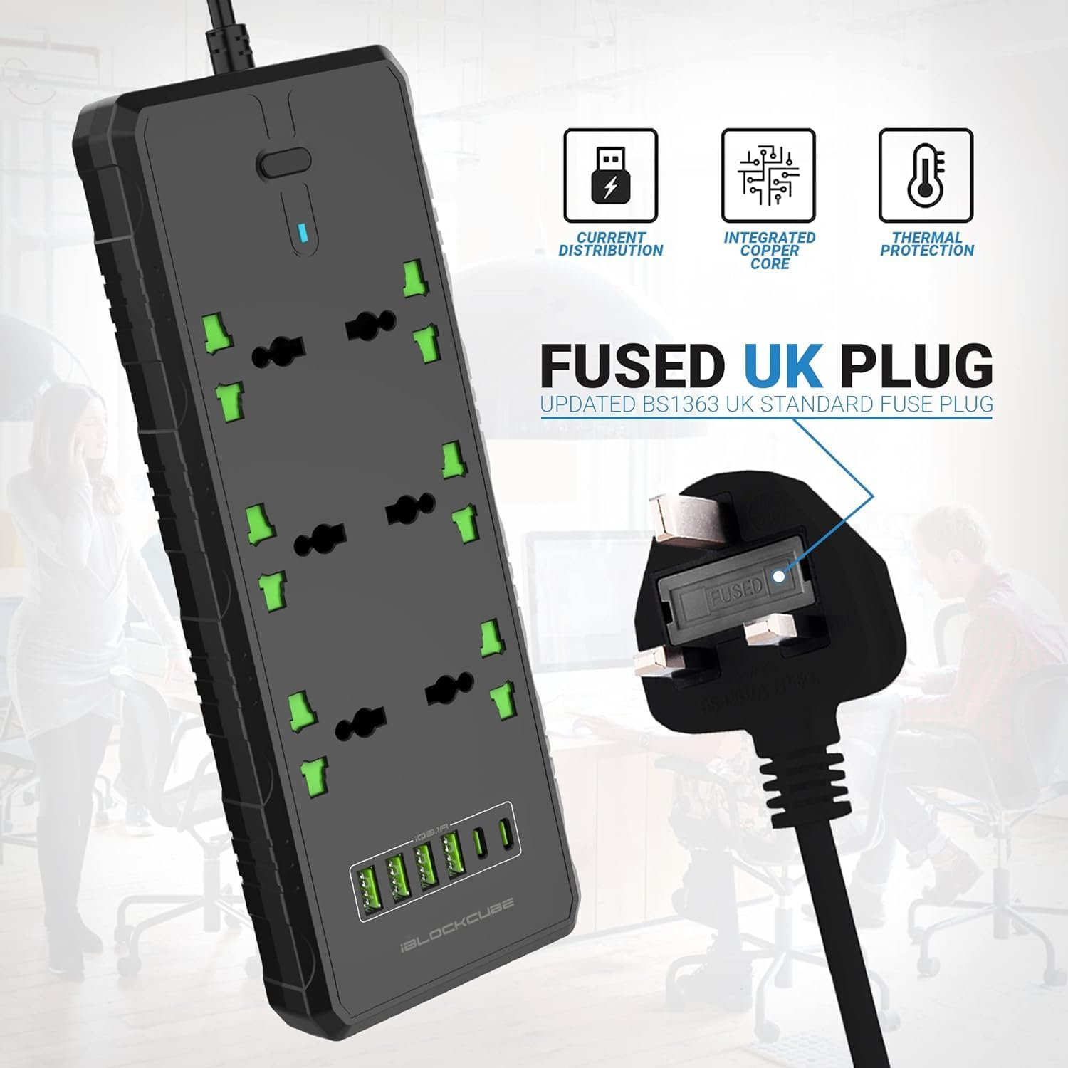 Iblockcube Extension Lead with 3 USB Slots | 2 Meter Cable Cord Power Strip, 3 Way Universal Socket | Smart Charging Station Hub, Individually Switched, Surge Protected, and Wall Mount UK Plug (Black) image number 5