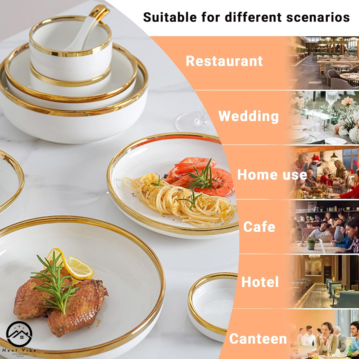 Next Vibe - Home Porcelain Chip and Scratch Resistant Dinnerware Set, Service for 4 Pepole (18Pcs) with Brown Box, Plates and Bowls Dishes Sets White image number 6