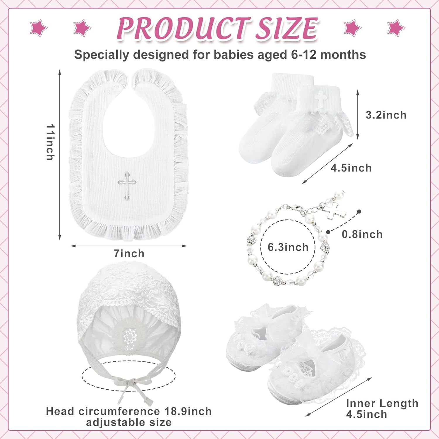 5 Pcs Christening Bib for Baby Girl White Baptism Bib Christening Socks Shoes Baby Bonnet Lace Hat Cross Charm Bracelet Baptism Outfits for Toddler Infant First Communion Gift, White image number 1