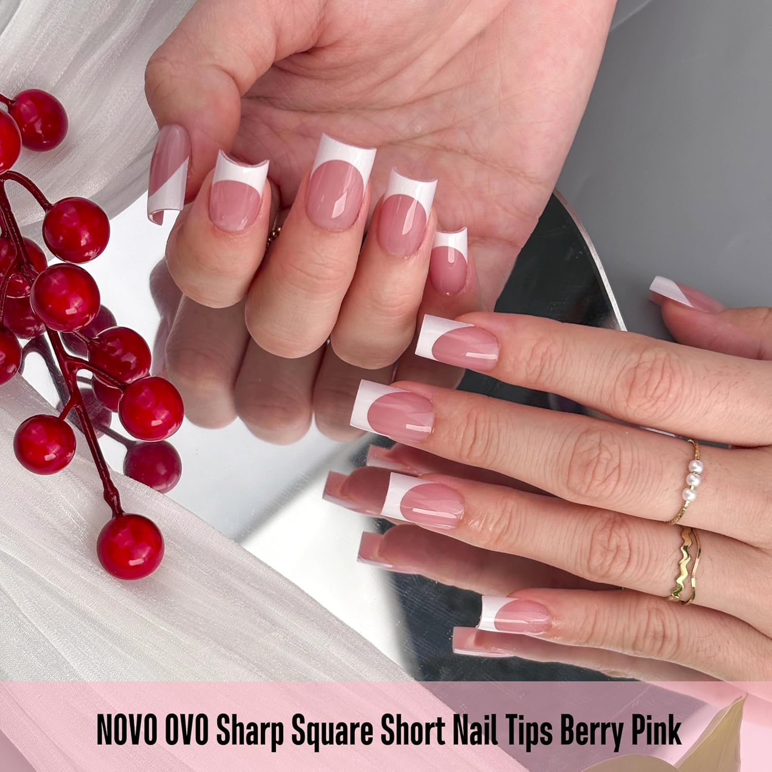 NOVO OVO Short Sharp Square White French Tip Nail Tips Press on BERRY PINK, Need Builder Gel Top Coat Nail Glue,Soft Gel Fake Nail Extension, Full Cover False Nails for Salon DIY X15 Sizes 240 Pcs image number 5