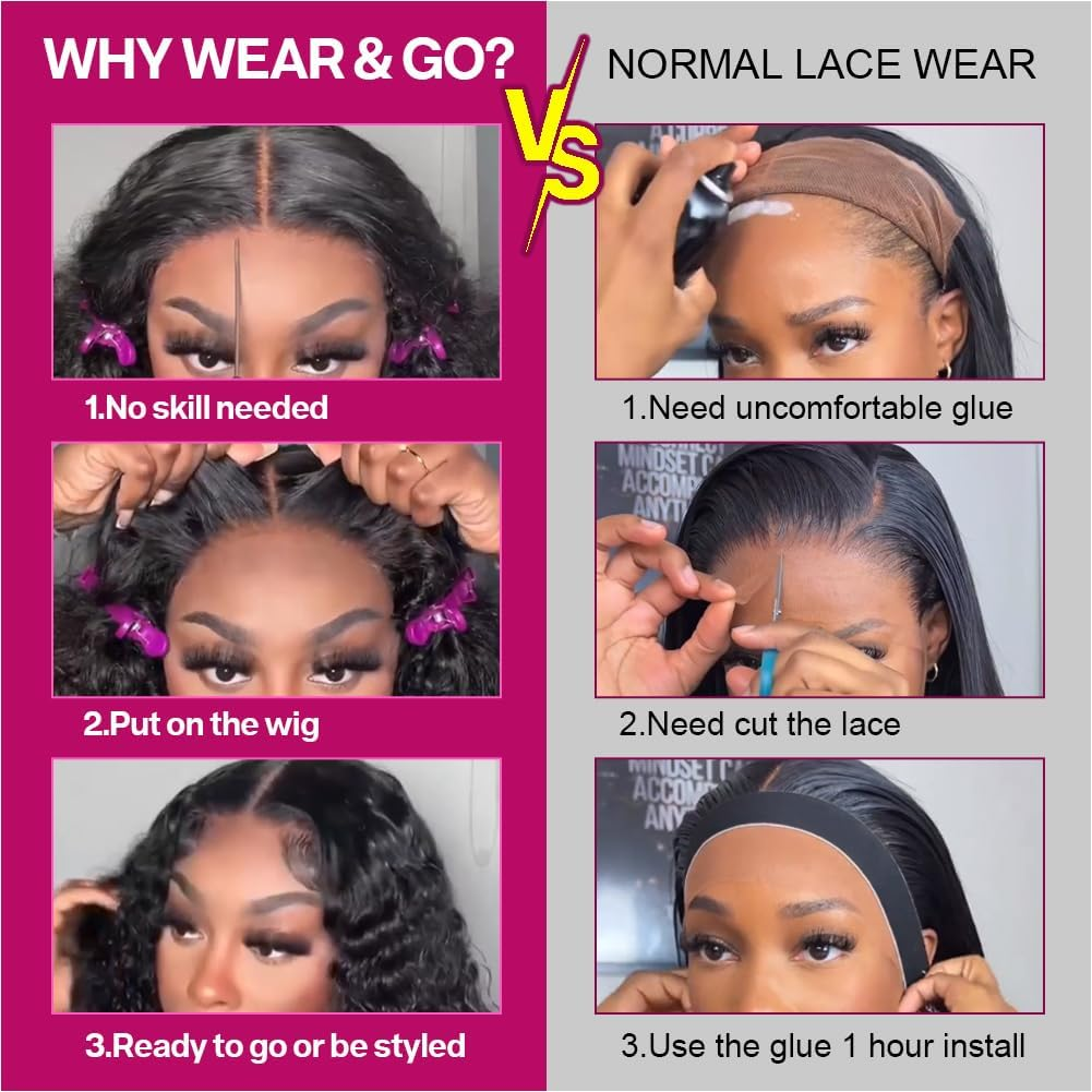 Ailwelia Curly Bob Wig Human Hair Deep Wave Glueless Wigs Human Hair Pre Plucked Pre Cut 5X5 Wear and Go Glueless HD Lace Closure Wigs Human Hair for Black Women 200% Density Black Color 14 Inch