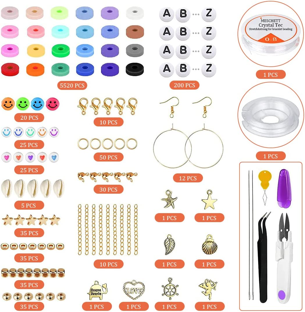 6000 PCS Clay Beads for Bracelet Making,24 Colors 6Mm Flat round Polymer Clay Beads with Pendant Charms Kit Letter Beads and Elastic Strings for Jewelry Making Kit & Craft Supplies - Type B image number 2