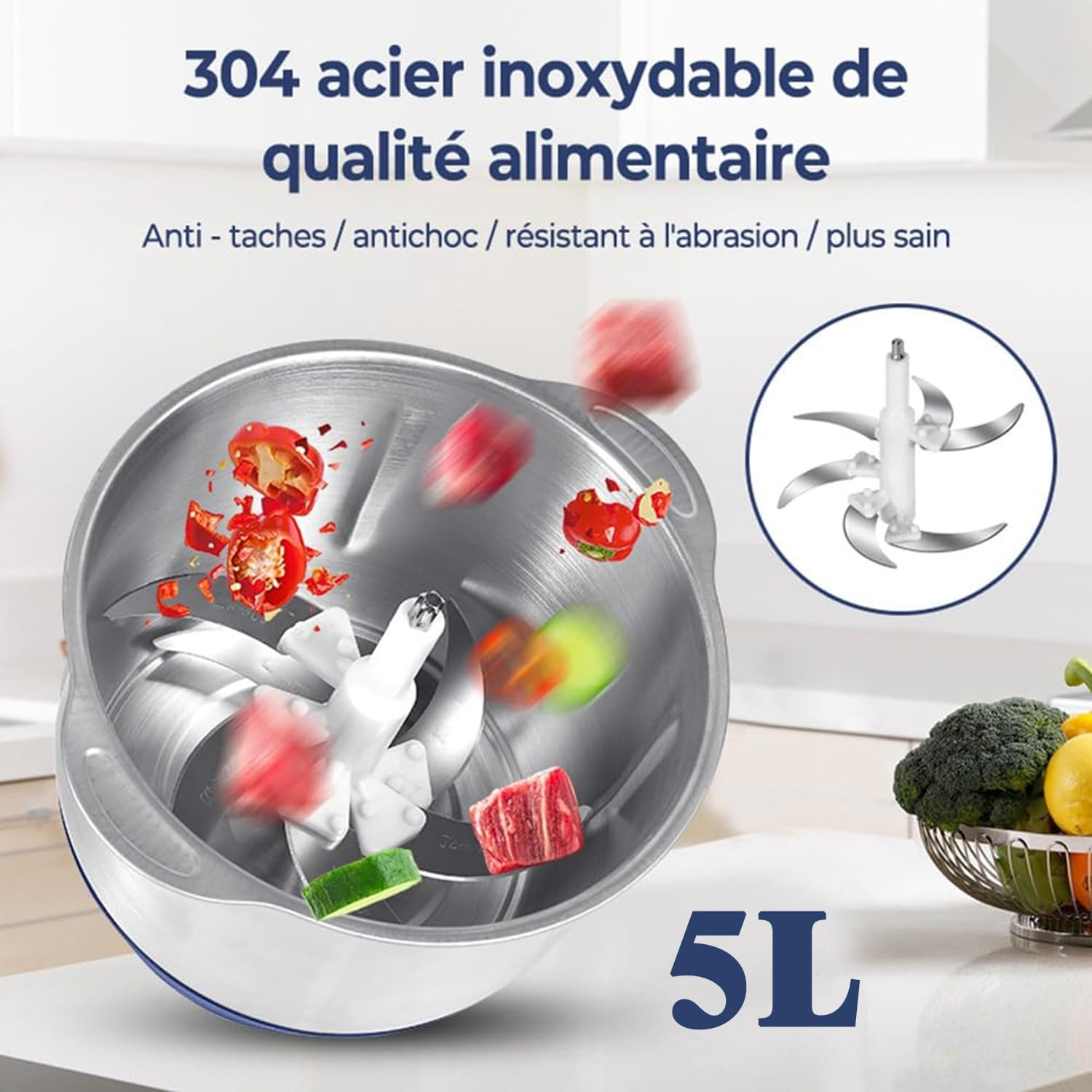 Electric Meat Grinder, Food Processor,5-Speed Electric Food Chopper,Meat Grinder 5L with Two 6-Blade Sets,500W Powerful Vegetable Chopper Used for Dough Mixing,Meat, Nuts, Fruits, Garlic image number 5