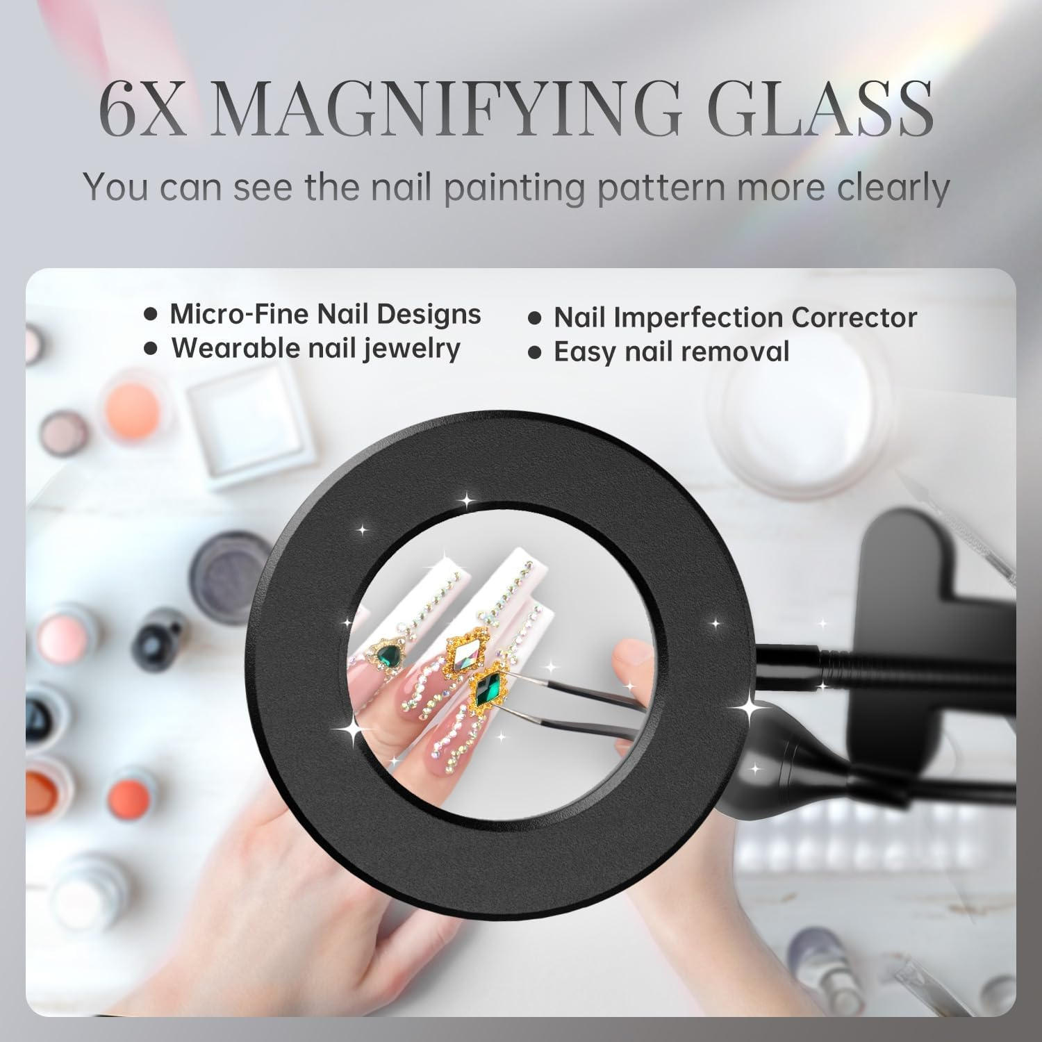 Krofaue U V Nail Lamp for Gel X - Flash Cure Lamp Dual-Light Gel X U V Light with 6&times; Magnifier 4-Levels Brightness Nail Dryer for Regular Polish, Desk Clip Salon-Perfect Manicures at Home Black image number 5