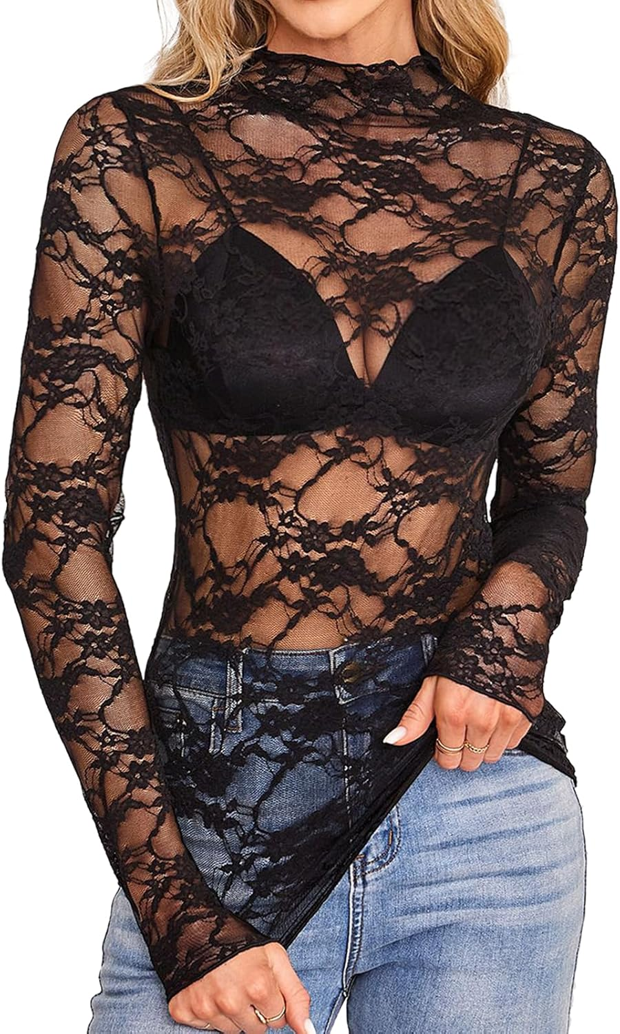 Mesh Tops for Women, Lace Tops for Women UK Sexy See through Shirts, Y2K Lace Top Layering Blouses image number 4