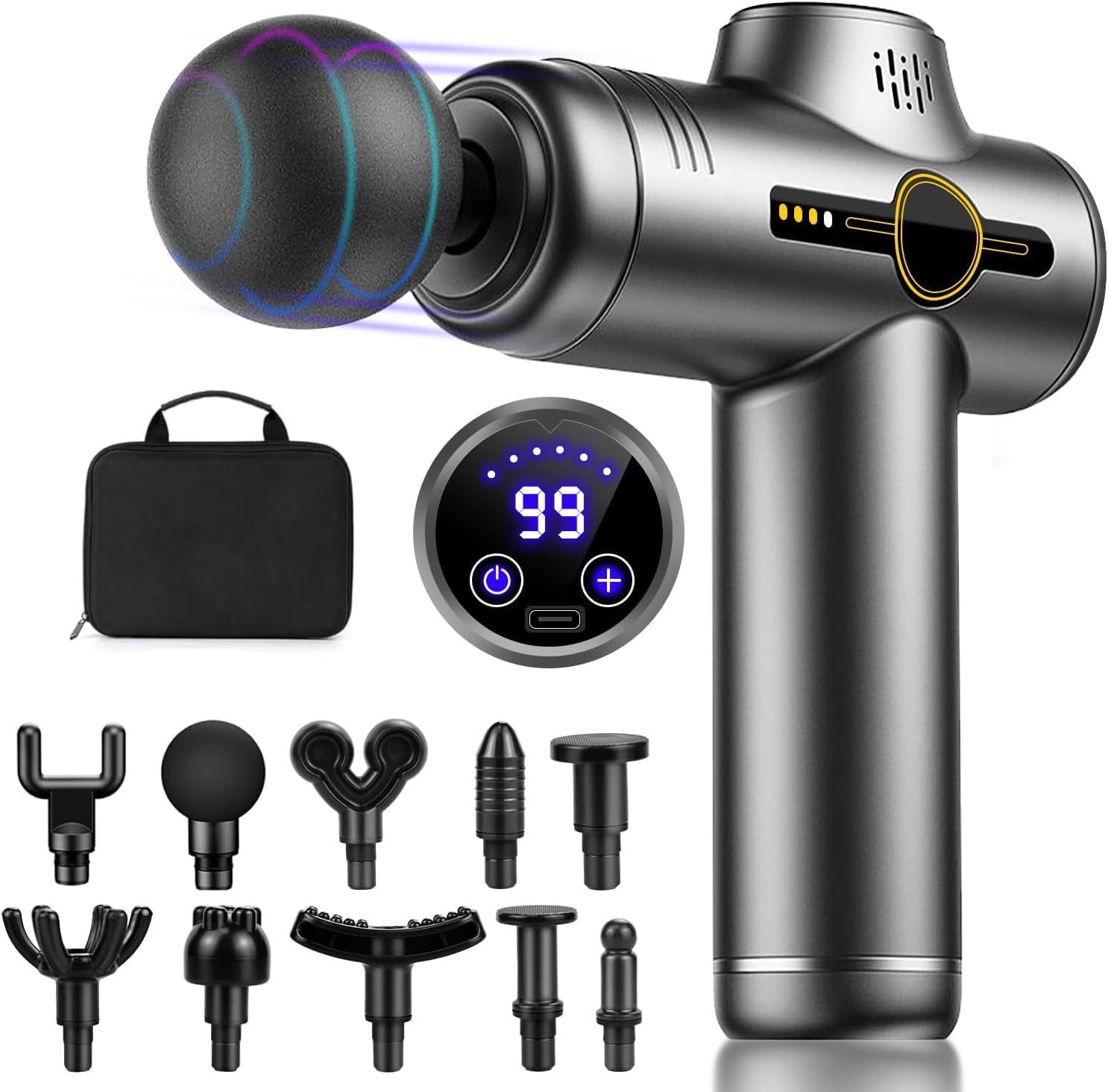 Xkimos Electric Massage Gun,99-Speed Mini Massager Gun with 10 Different Replacement Heads&Led Touch Screen, Deep Tissue Muscle Massage Gun Relaxer for Pain Relief-Legs, Back& Body , Ideal Gifts for Men image number 4