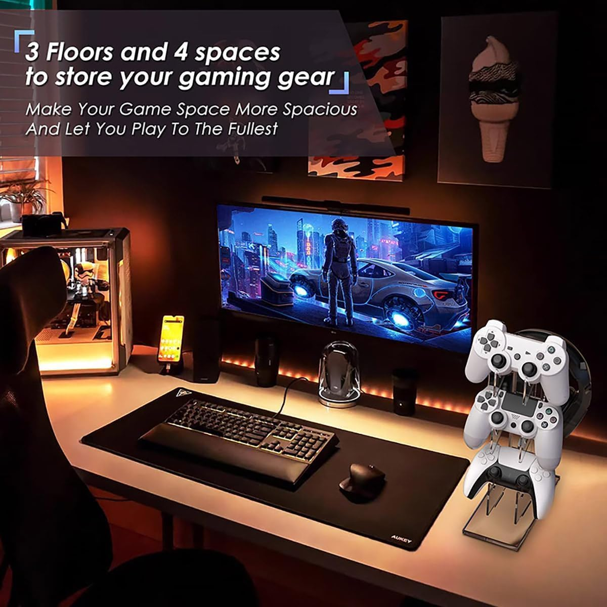 SAHENITEANA Controller Holder 4 Tiers, Gaming Headset & Controller Stand Compatible with PS5/PS5 Slim/Ps5 Pro PS4 Xbox Nintendo Switch Pro, Desk Organizer Accessories,White - White image number 5