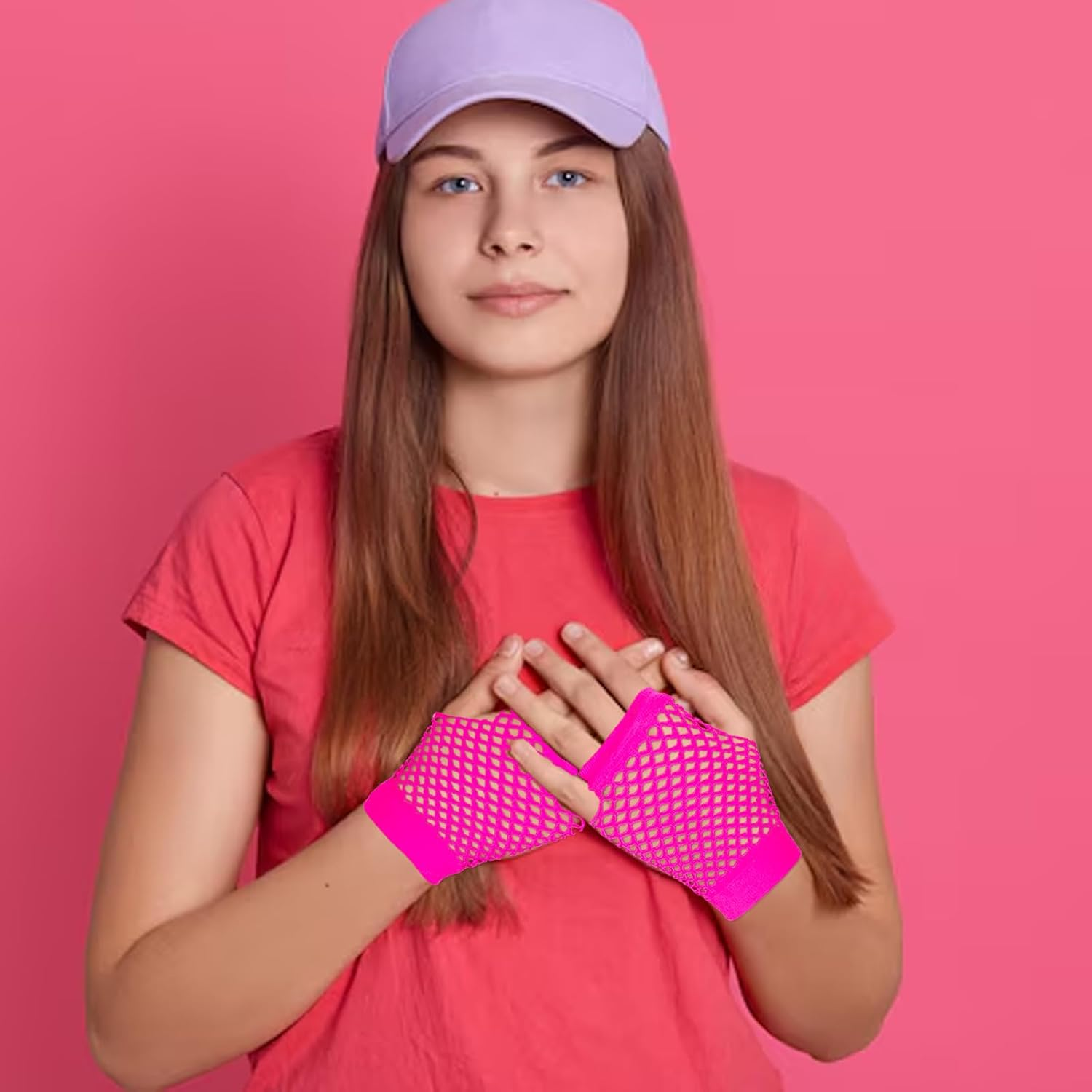 Skrfren 2 Pairs Fishnet Gloves Fingerless for Women, Women'S Mesh Emo Fingerless Arm Fishnet Gloves for 80S Costume Theme Party, Fish Net Arm Sleeve Mesh, Hot Pink, Long&Short image number 6