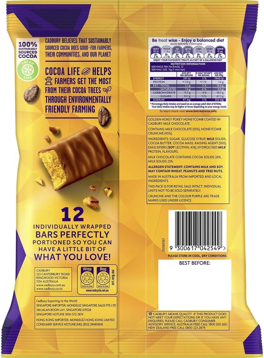 Cadbury 180G Crunchie Chocolate Sharepack Choco Bar Sweet Treats Snacks (12Pcs) image number 1