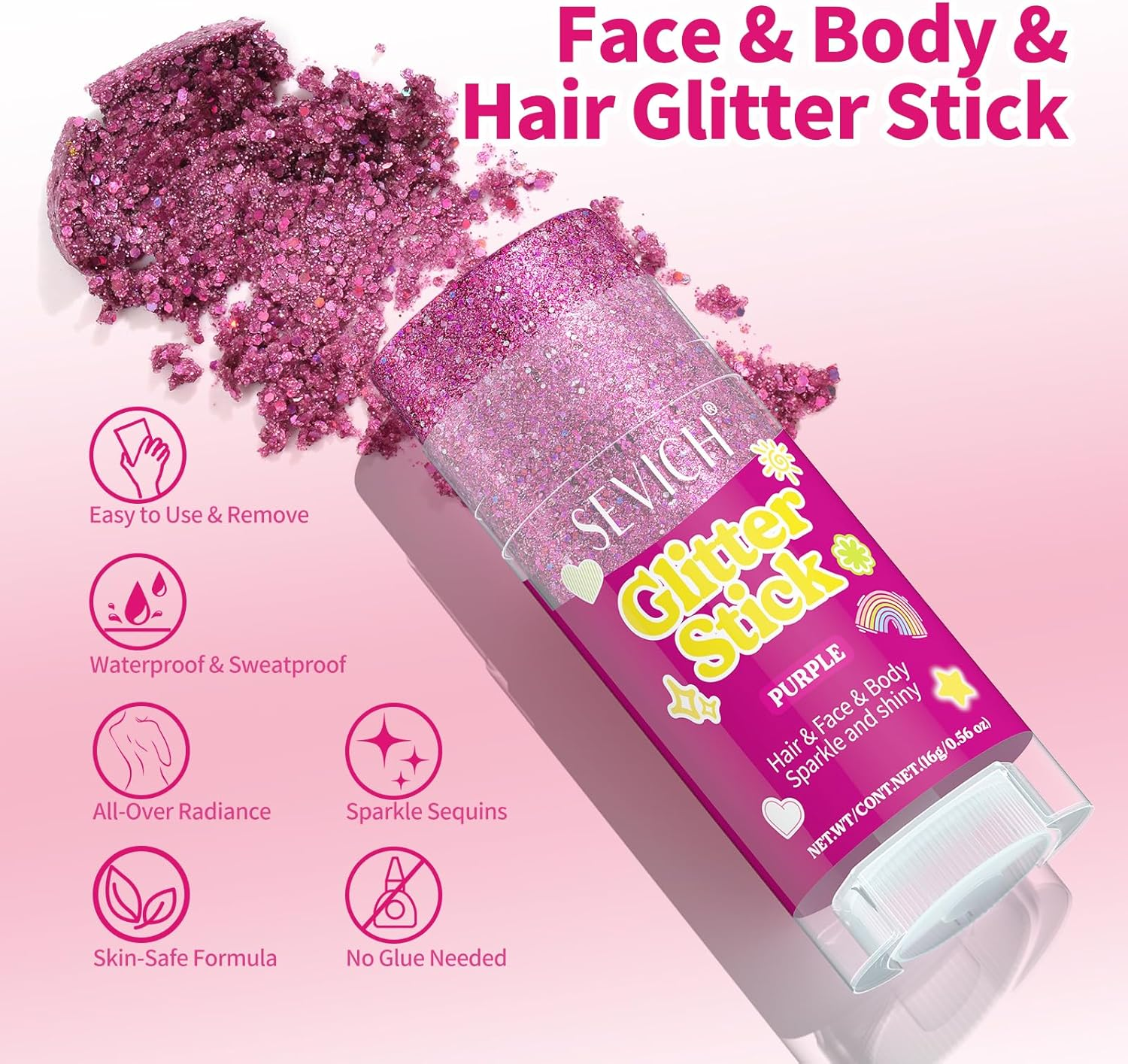 SEVICH Glitter Stick Purple for Face Body Hair,Skin Safe Waterproof Sparkle with No Glue Needed,Easy to Apply and Remove for Parties Festivals Makeup,15G