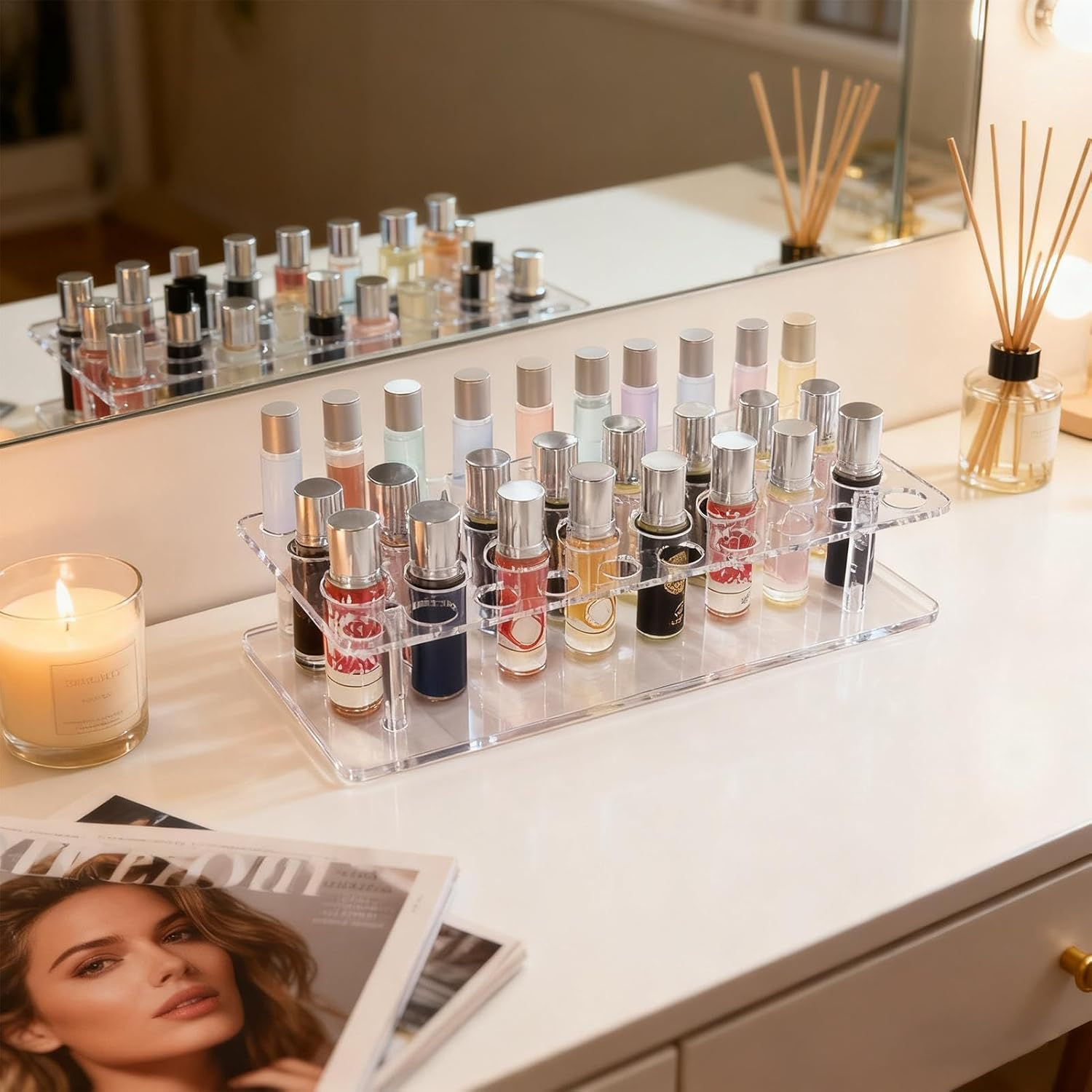 Szaluyk Perfume Sample Holder - Acrylic Stand with 36 Slots Transparent Compact Sample Holder for Daily Home | Organization Beauty Vanity Bathroom Routine Bedroom Personality