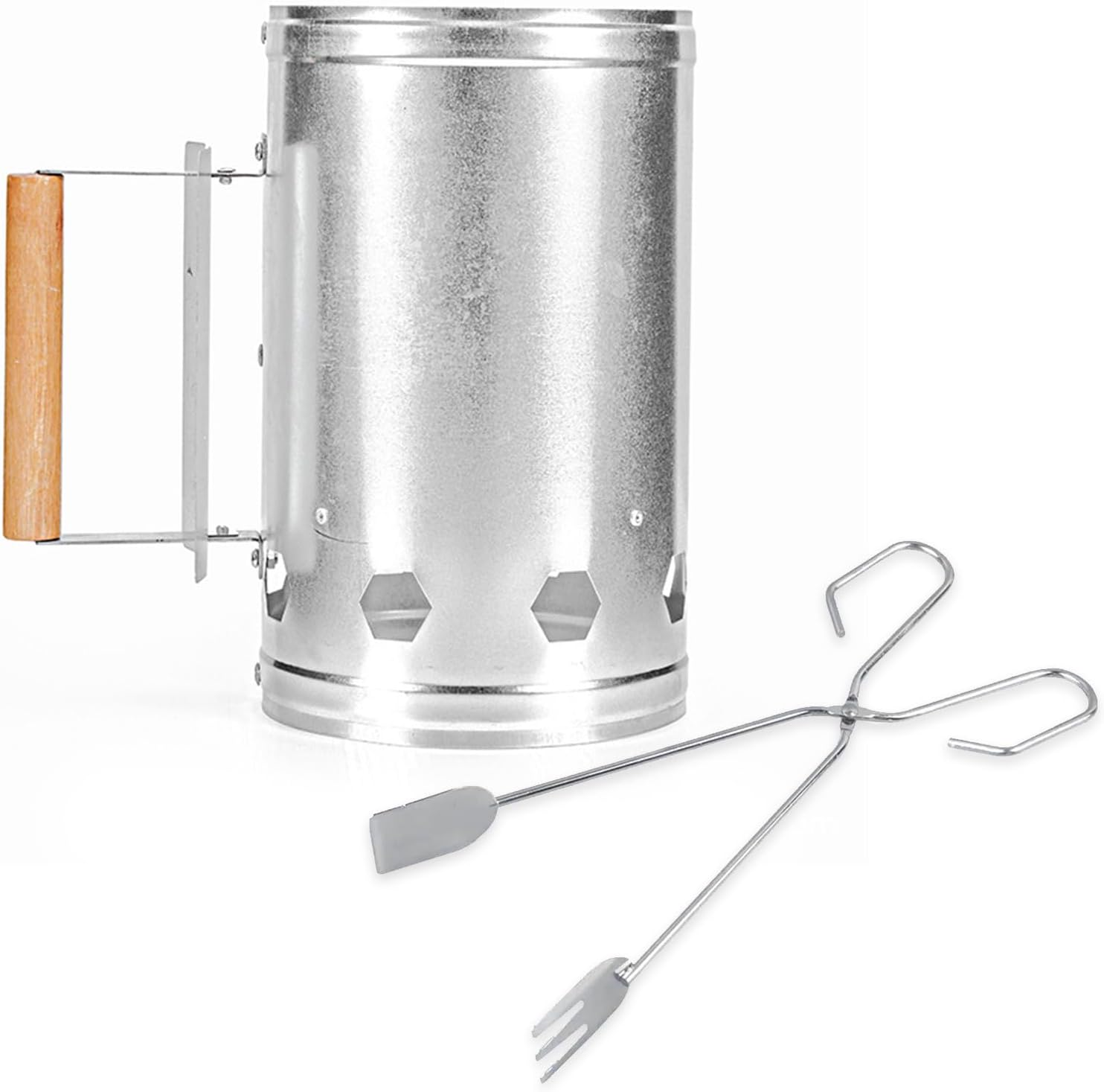 Zalizr Charcoal Igniter with Clamp Set, Portable Chimney Starter for Charcoal Grills and Barbecues, Chimney Lighter Basket for Outdoor Camping and Cooking (Silver, Wooden Handle)