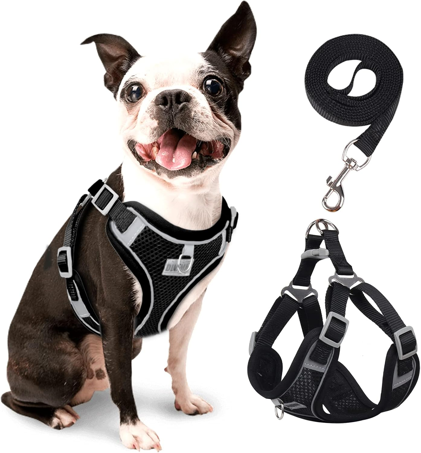 Rennaio Dog Harness No Pull, Adjustable Puppy Harness with 2 Leash Clips, Ultra Breathable Padded Dog Vest Harness, Reflective Dog Harness and Leash Set for Small and Medium Dogs (Black, S)