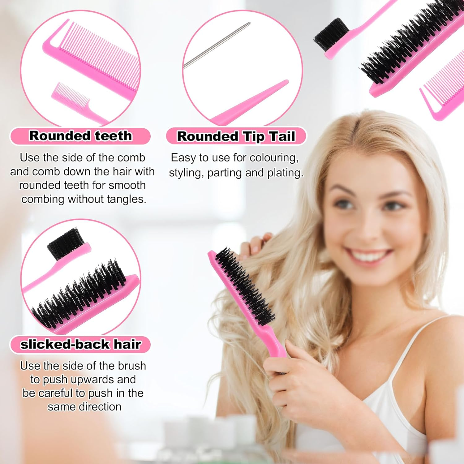 Hongien Sleek Bun Brush Edge Brush Rat Tail Comb Teasing Hair Brush Toupee Brush Baby Hair Suitable Sleek Braid Set for Hairdressers Women Baby Children Pack of 3 image number 5