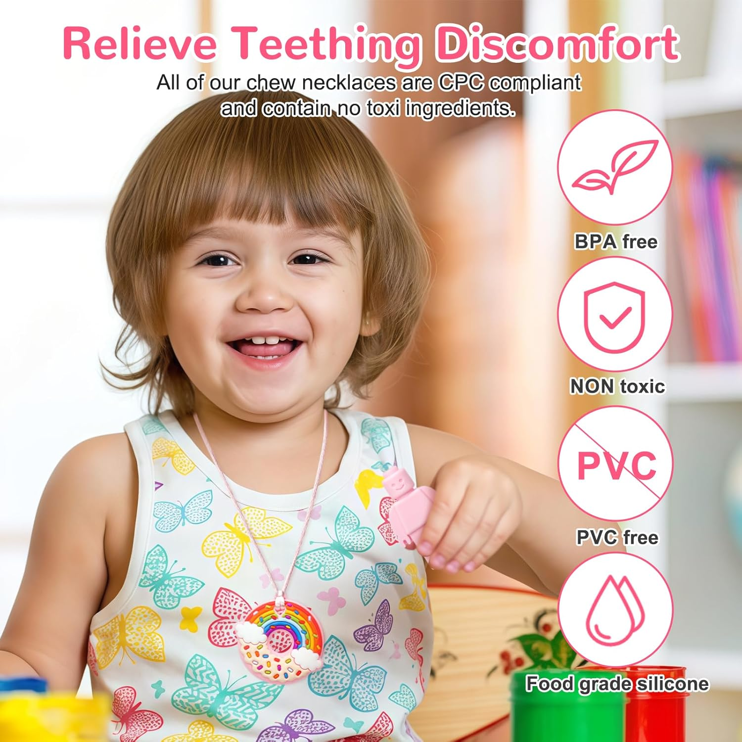 MR.TIMELAG Chew Necklaces for Adults and Babies - Bear 4-Piece Set, Bpa-Free Silicone Sensory Chew Necklaces for Anxiety Relief, Easy to Hold, with Massage Blocks to Relieve Teething Pain image number 4