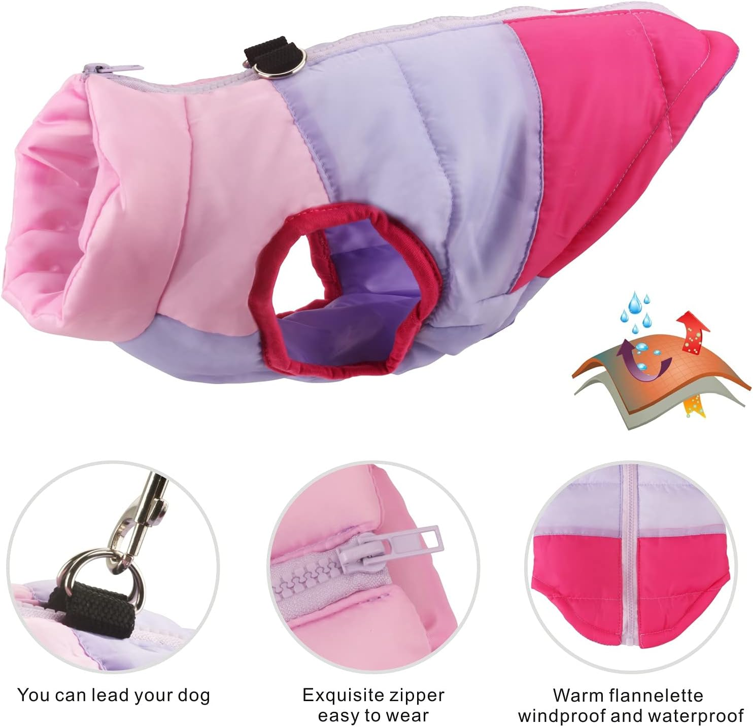 Idepet TM Pet Dog Cat Coat with Leash Anchor Color Patchwork Padded Puppy Vest Teddy Jacket Chihuahua Costumes Pug Clothes XS S M L (S, Rose) image number 3