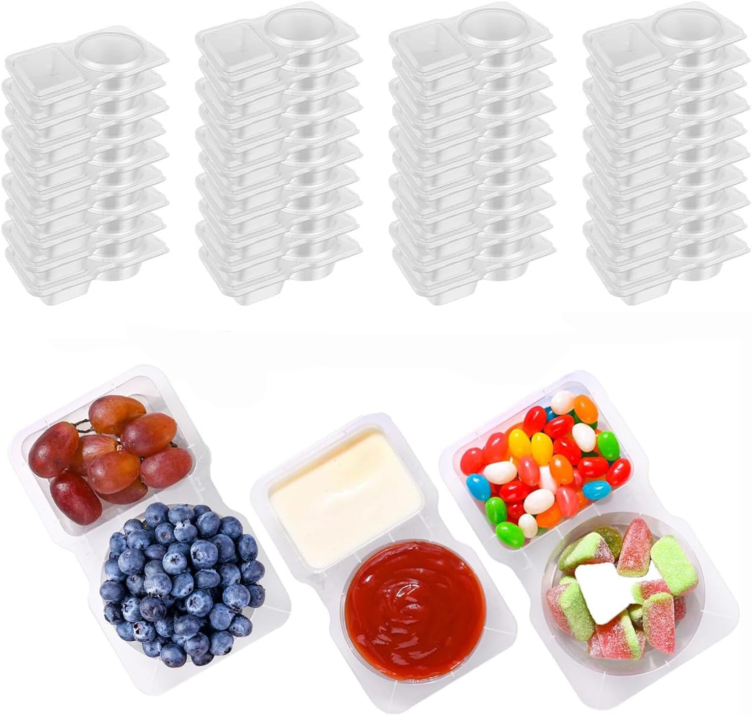 40 Pcs Double Compartment Condiment Container with Lids Disposable, 2 Compartment Snack Containers Reusable Plastic Sauce Containers for To-Go Sauce, Travel Snack, Sampling image number 5