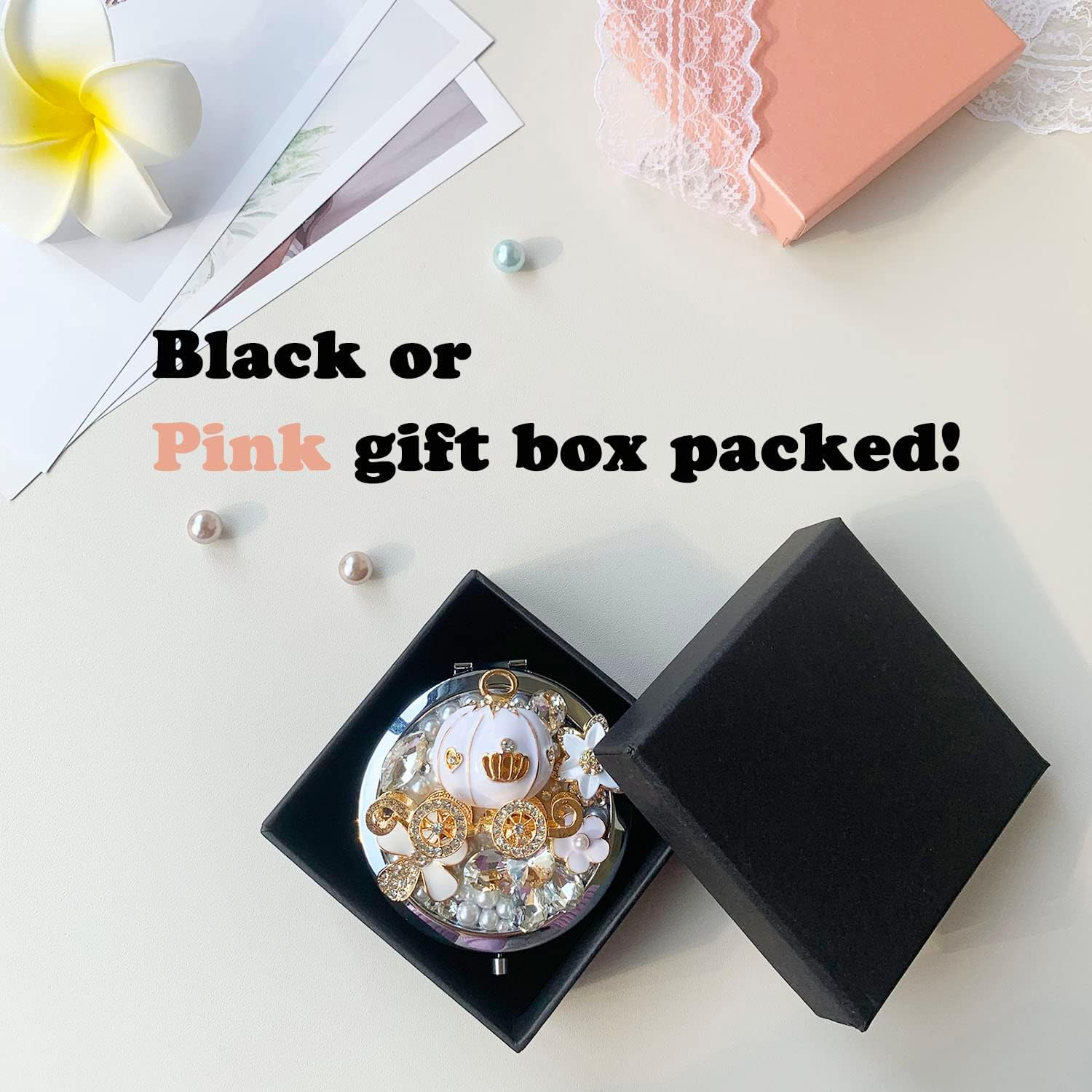 Amanman Cute Compact Mirror Pumpkin Coach Small Mirror Girl'S Gift Travel Mirror 1X/2X Magnification Travel Makeup Mirror (Pumpkin Coach) - Gold Bag image number 2