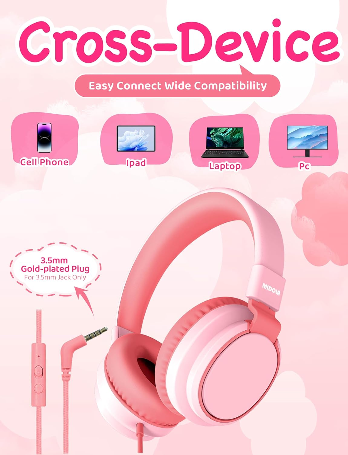 Midola Volume Limited 85/96Db Kids Headphone Over-Ear/On-Ear Foldable Sound Noise Protection Headset with Inline AUX 3.5Mm Cord W/Mic for Child School Cellphone Pad PC Notebook Pink - H01-Blue image number 6