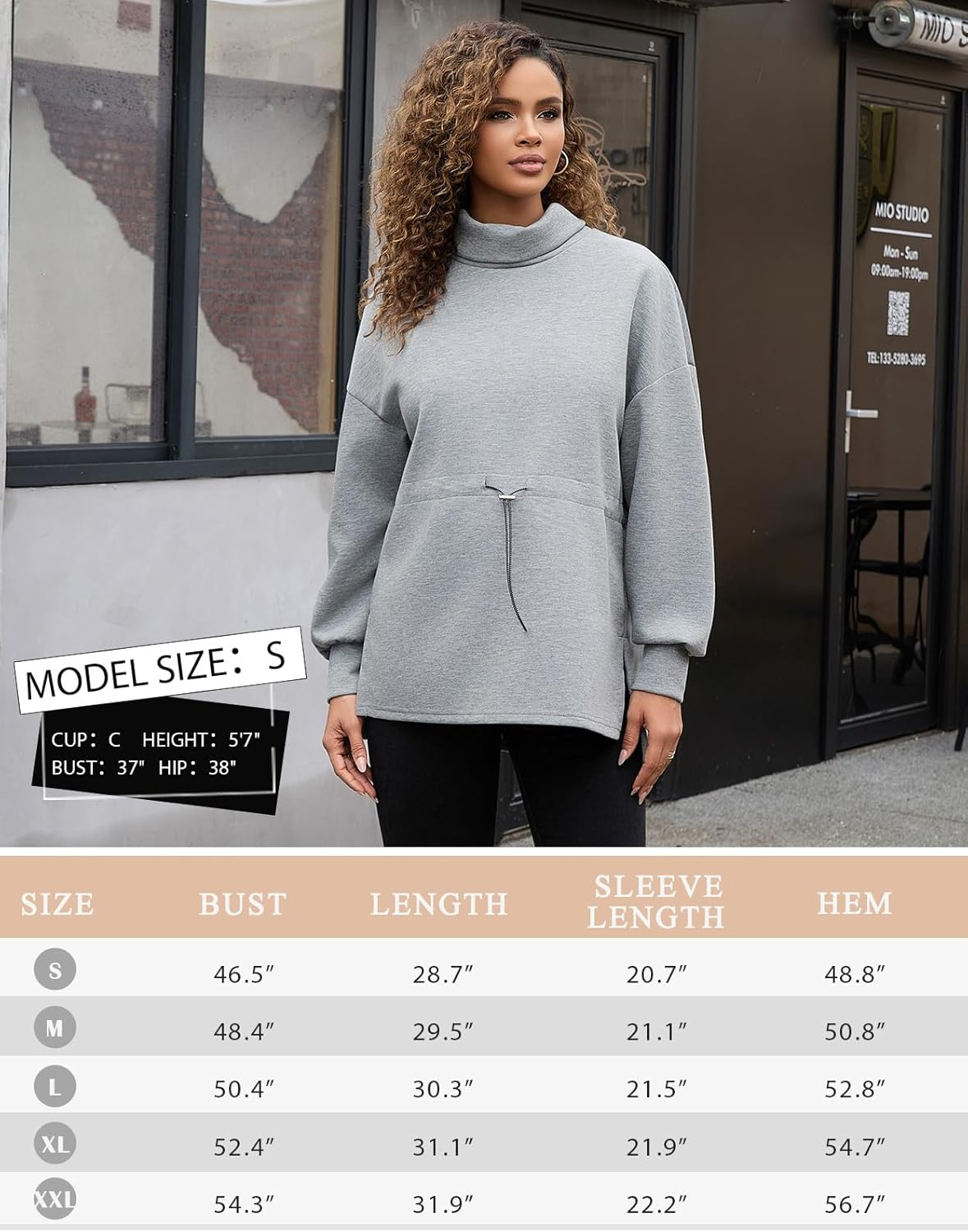 Bhome Maternity Turtleneck Sweatshirt Long Sleeve Oversized Pullover Tops Side Slit Tunic Shirts with Drawstring Waist image number 3