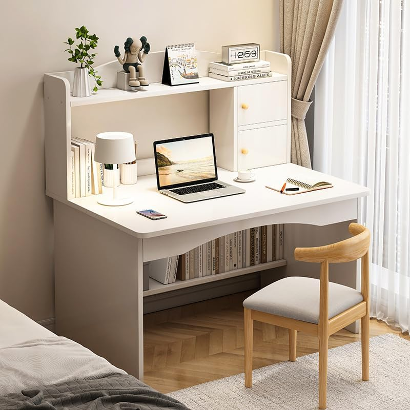 Uandhome Computer Desk, Large Standing Desk, Easy-To-Assemble Study Desk for Home, Bedroom, Office Durable Wood Table,Storage Shelves Ideal for Gaming Working and Learning(100X48X120Cm) (White)