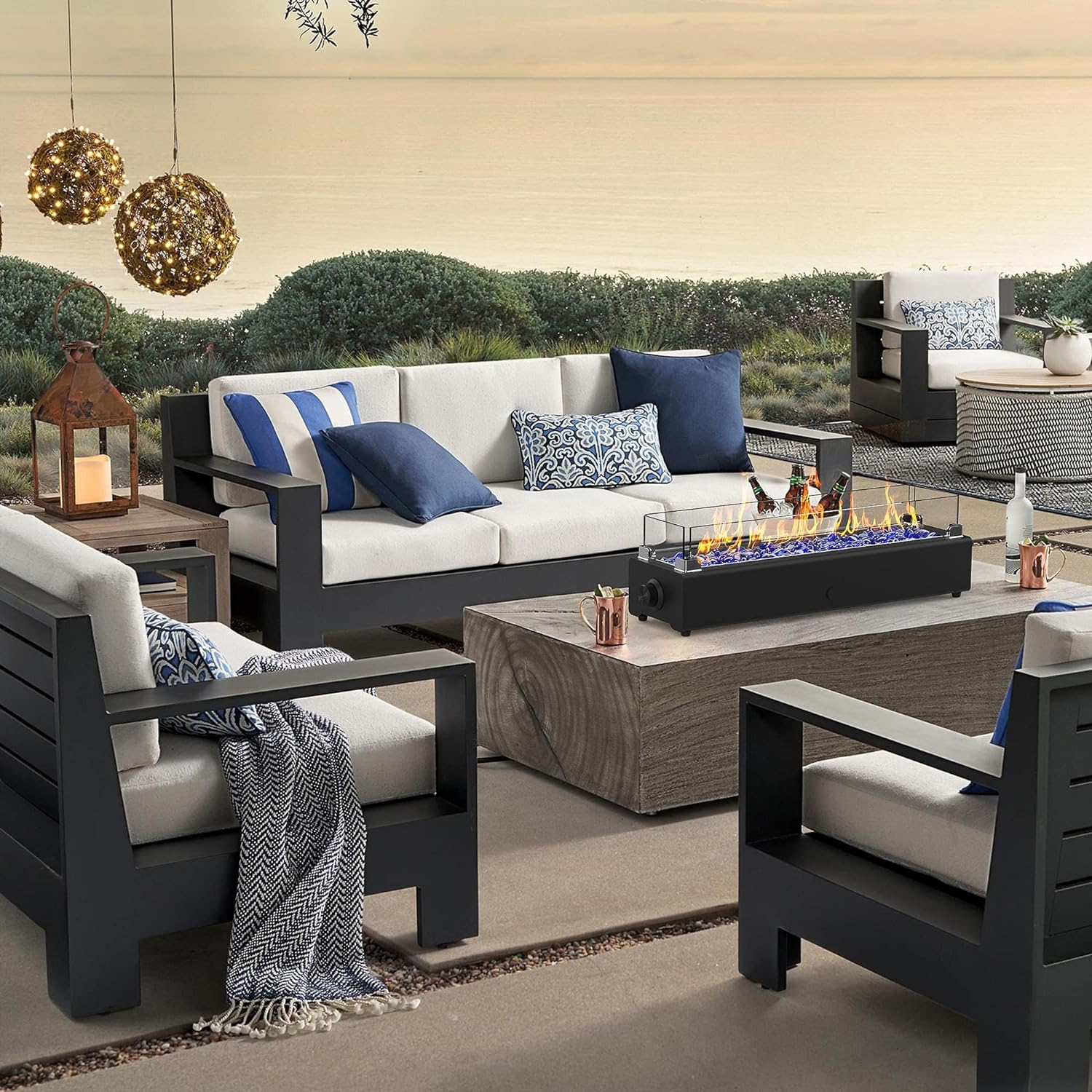 28-Inch Table Top Propane Fire Pit, 40,000 BTU Tabletop Firepit for Patio, Outdoor Portable Rectangular Fire Bowl W/Wind Glass Shield, Glass Rocks - Black image number 1